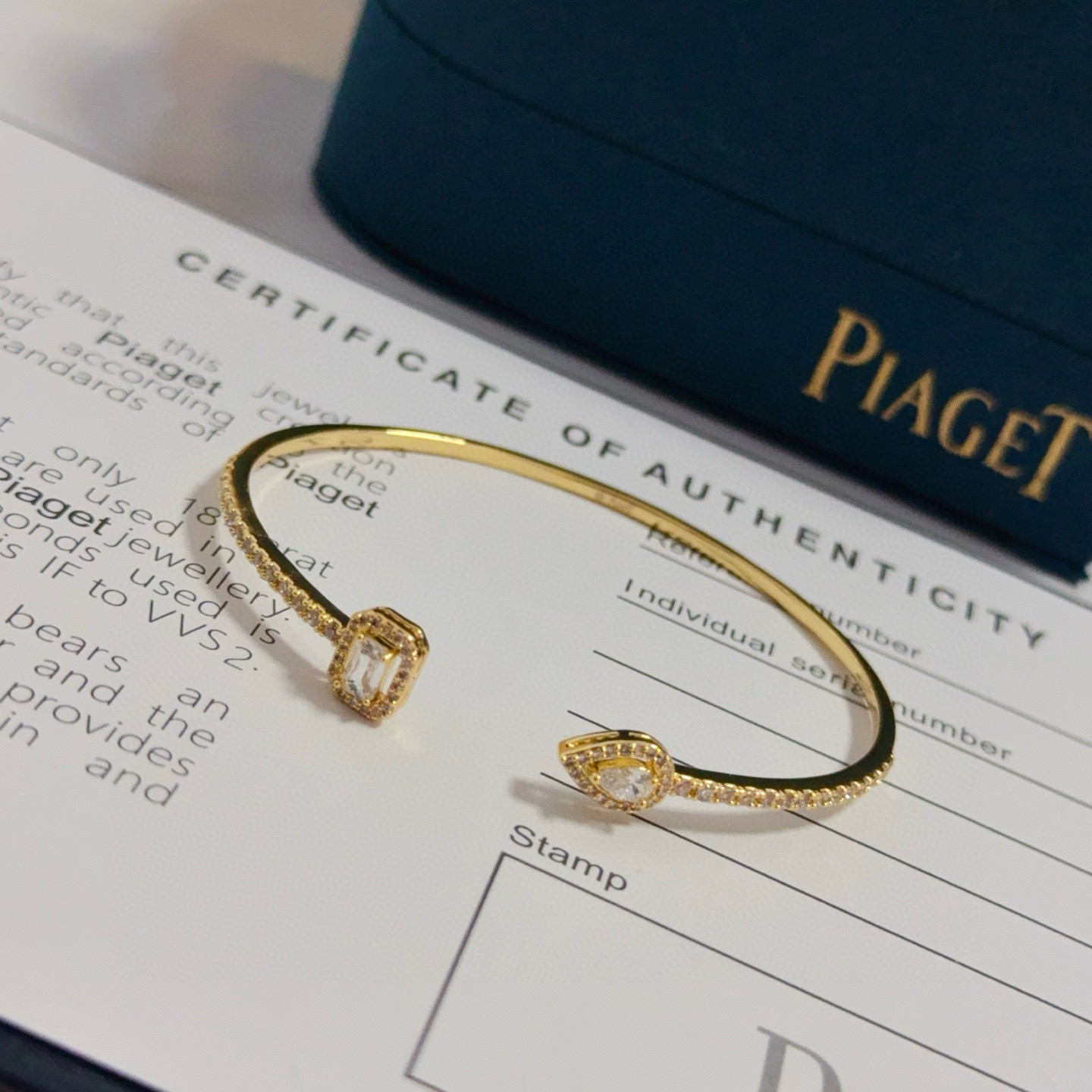 Piaget Treasures Open Cuff Bangle bracelet 18k yellow gold with clear diamond accent stones 17cm inner circumference