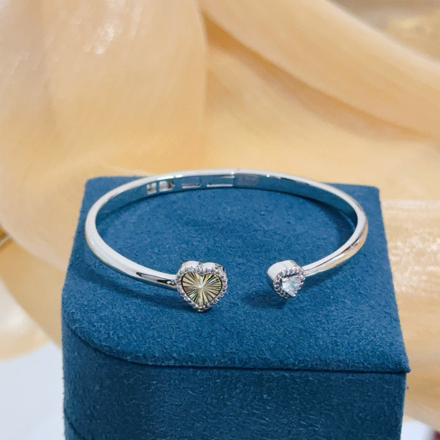 Piaget Heart Open Cuff Bangle bracelet Silver-toned white gold metal yellow gold heart accent clear diamond accents 16cm inner circumference