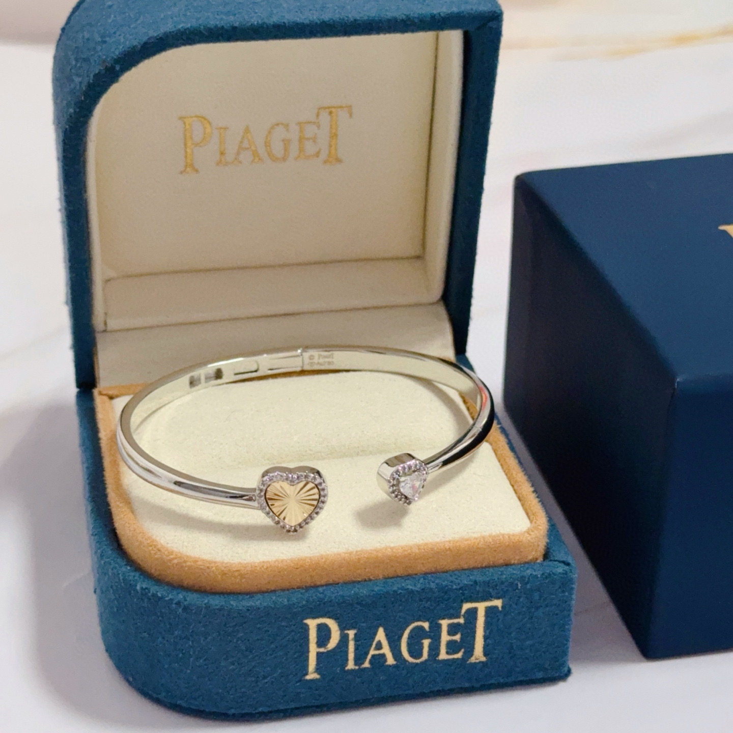 Piaget Heart Open Cuff Bangle bracelet Silver-toned white gold metal yellow gold heart accent clear diamond accents 16cm inner circumference