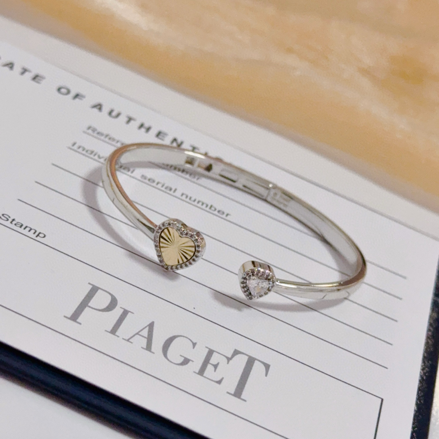 Piaget Heart Open Cuff Bangle bracelet Silver-toned white gold metal yellow gold heart accent clear diamond accents 16cm inner circumference