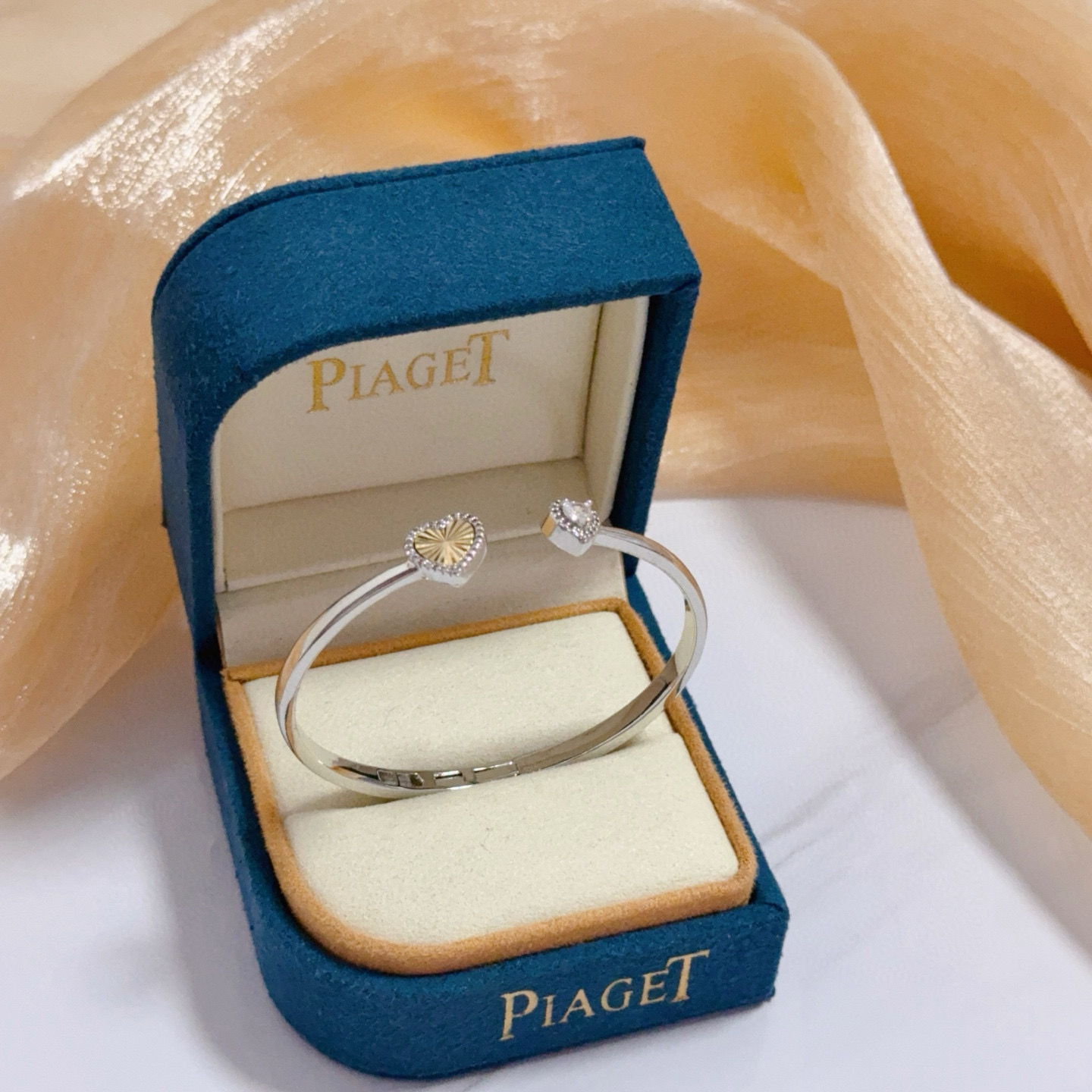 Piaget Heart Open Cuff Bangle bracelet Silver-toned white gold metal yellow gold heart accent clear diamond accents 16cm inner circumference
