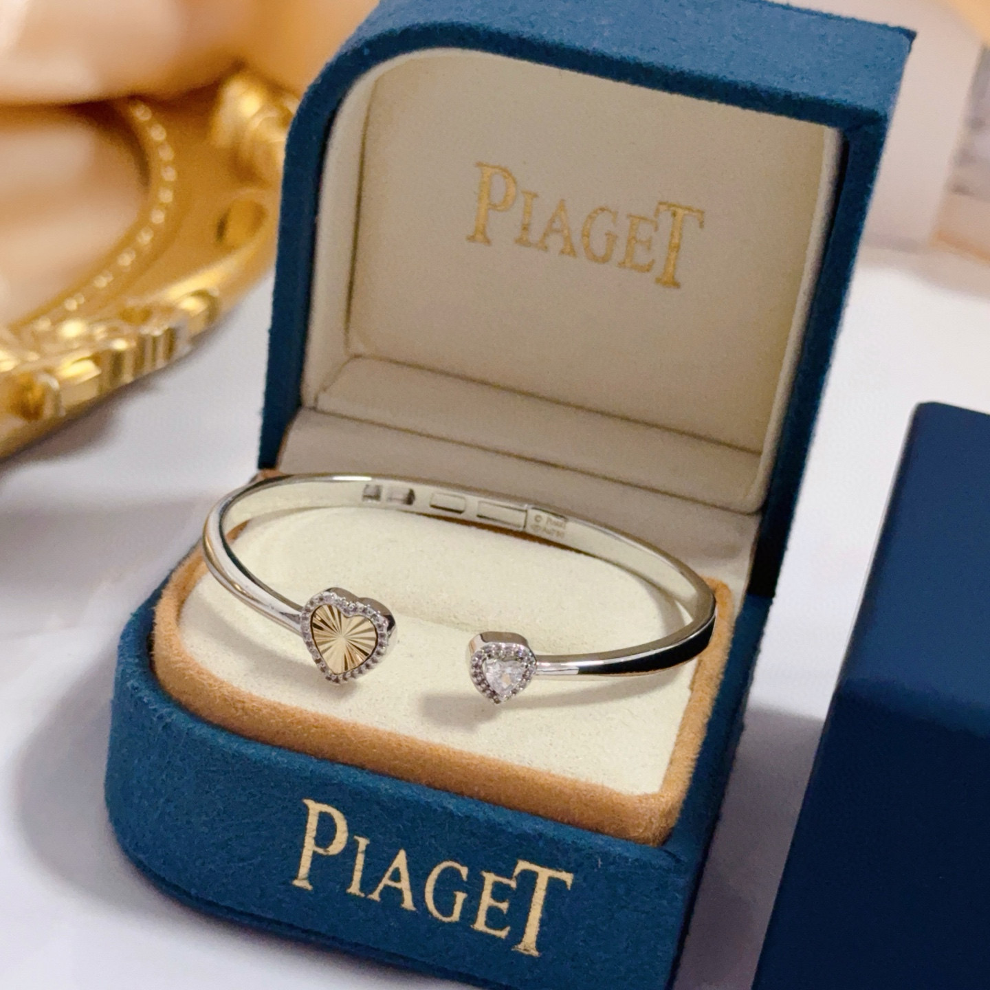 Piaget Heart Open Cuff Bangle bracelet Silver-toned white gold metal yellow gold heart accent clear diamond accents 16cm inner circumference