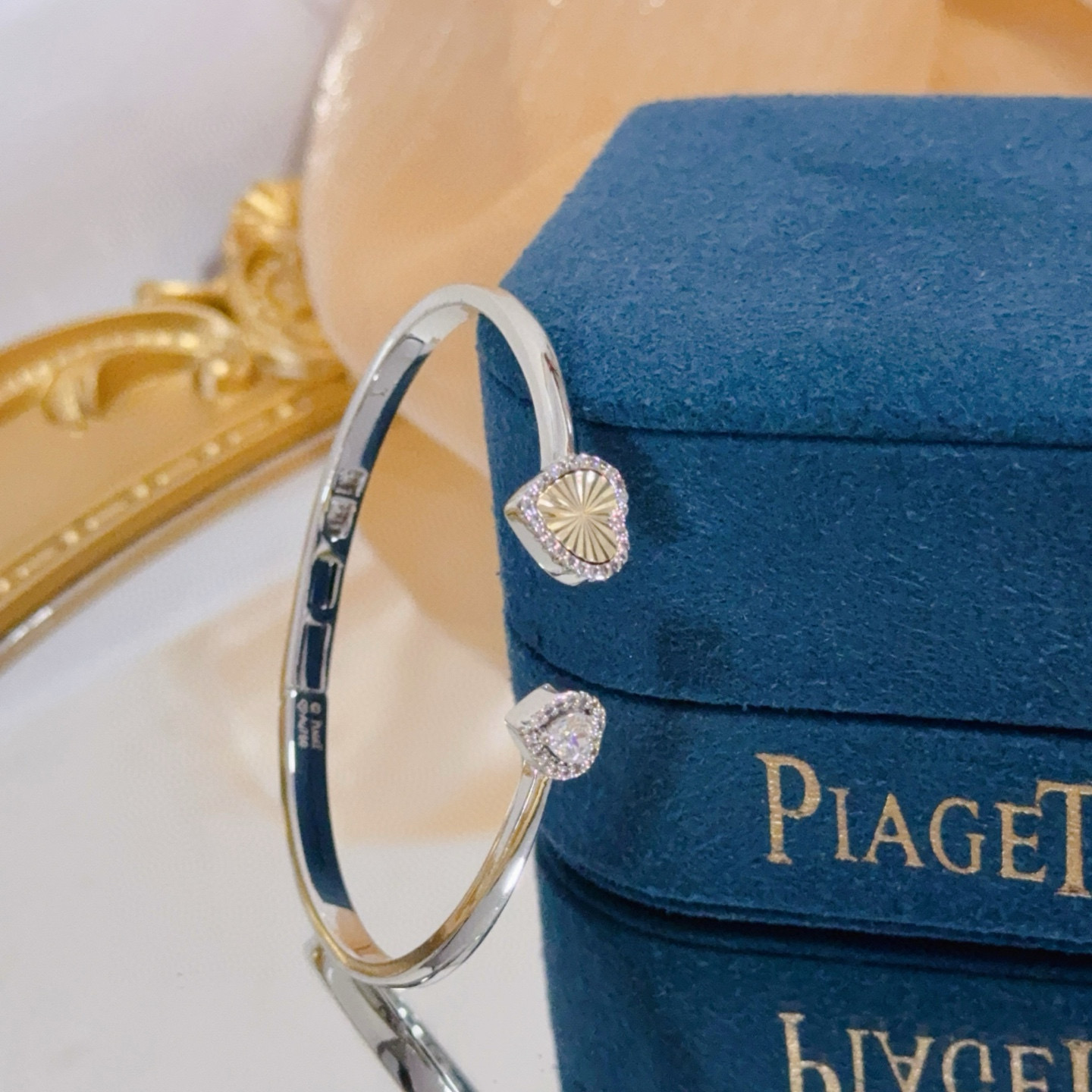 Piaget Heart Open Cuff Bangle bracelet Silver-toned white gold metal yellow gold heart accent clear diamond accents 16cm inner circumference