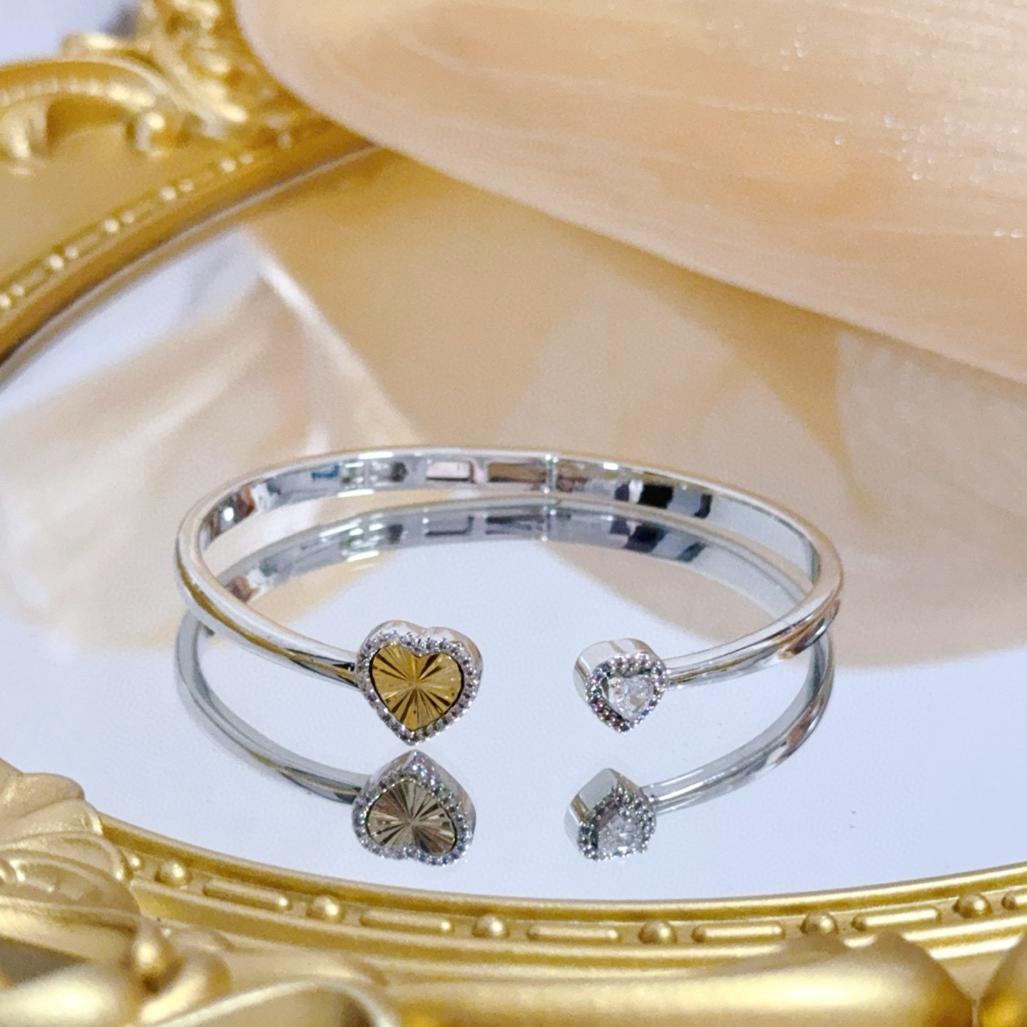 Piaget Heart Open Cuff Bangle bracelet Silver-toned white gold metal yellow gold heart accent clear diamond accents 16cm inner circumference