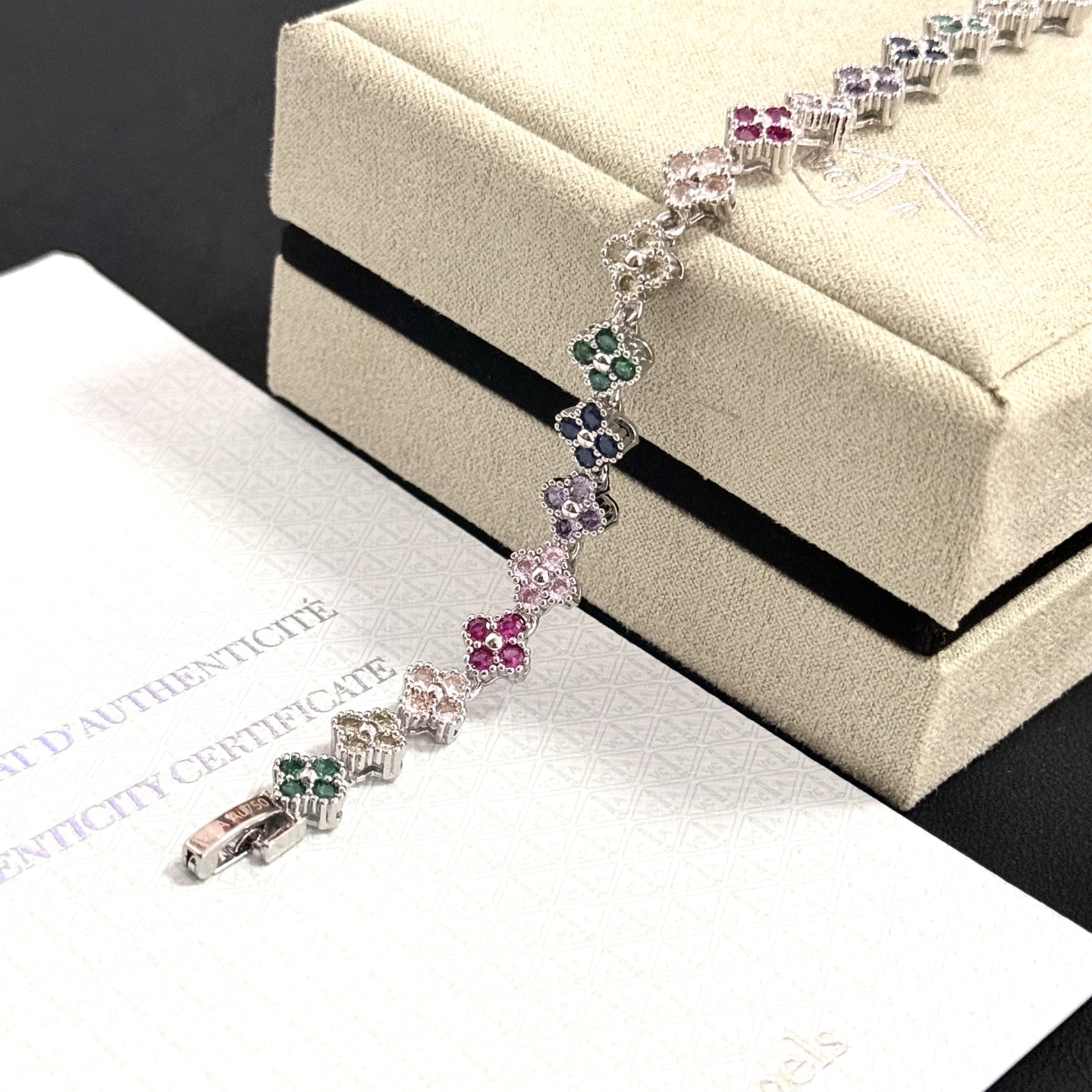 Van Cleef Arpels Alhambra bracelet Silver-toned metal with multicolor gemstones fuchsia pink light pink champagne pale yellow green navy blue lavender purple 18cm