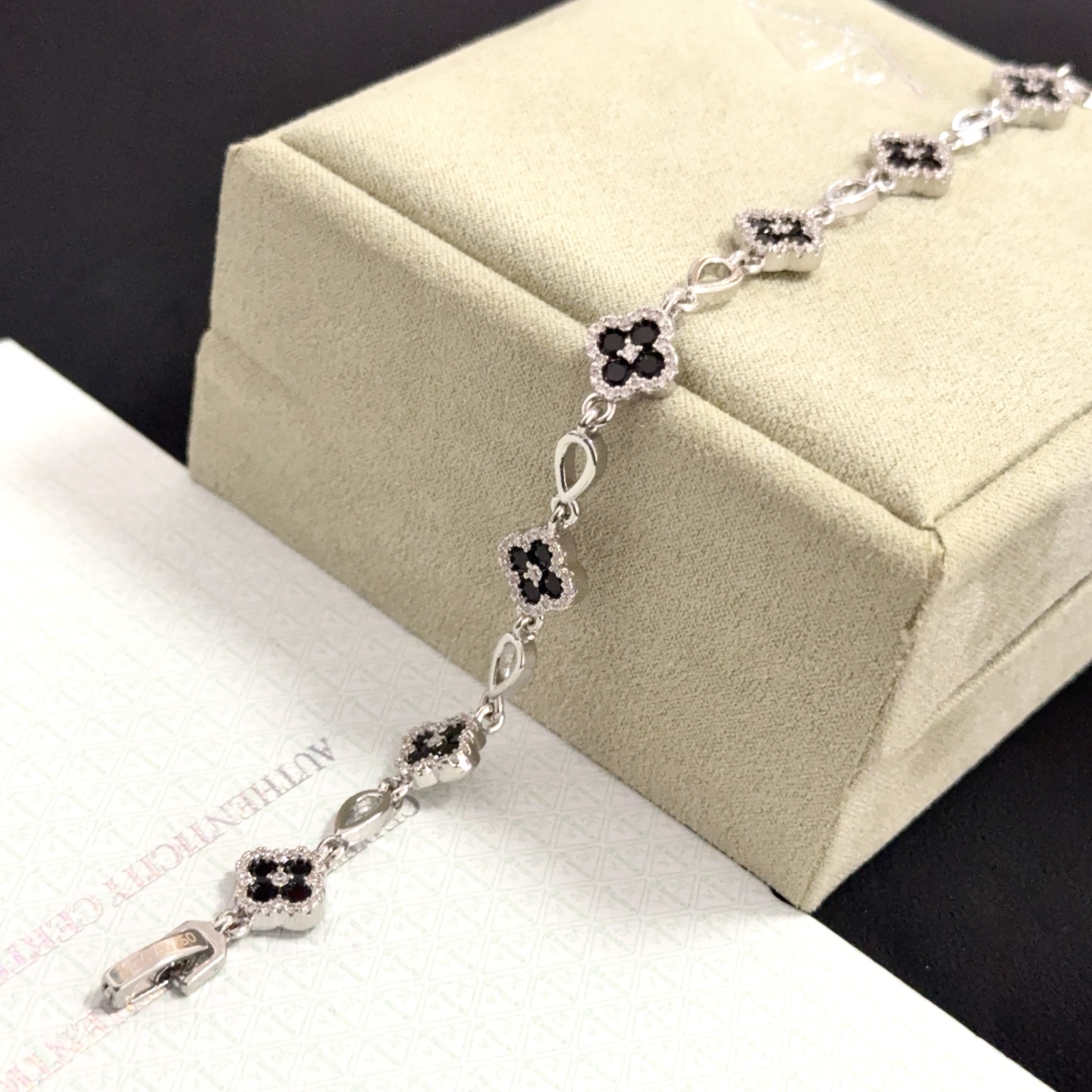 Van Cleef Arpels Alhambra bracelet silver-toned metal with black onyx and clear diamond accents 18cm