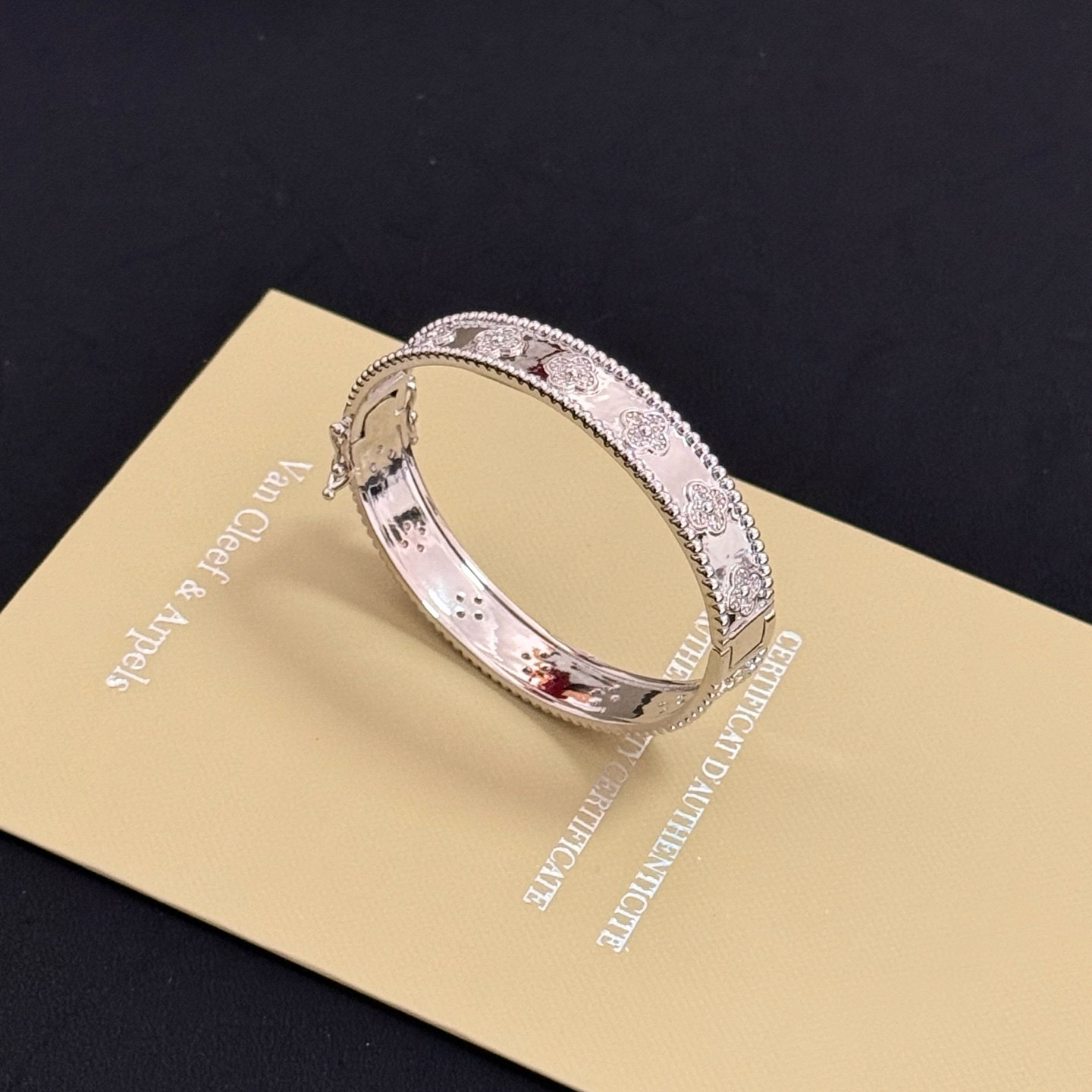 Van Cleef Arpels Perlee Sweet Clovers bracelet 18k white gold with diamond accents 17cm inner circumference