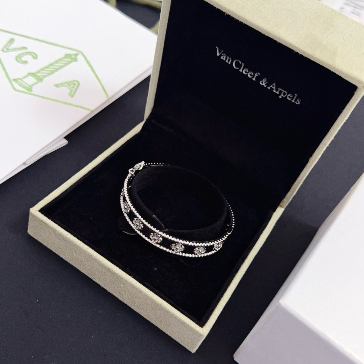 Van Cleef Arpels Perlee Sweet Clovers bracelet 18k white gold with diamond accents 17cm inner circumference