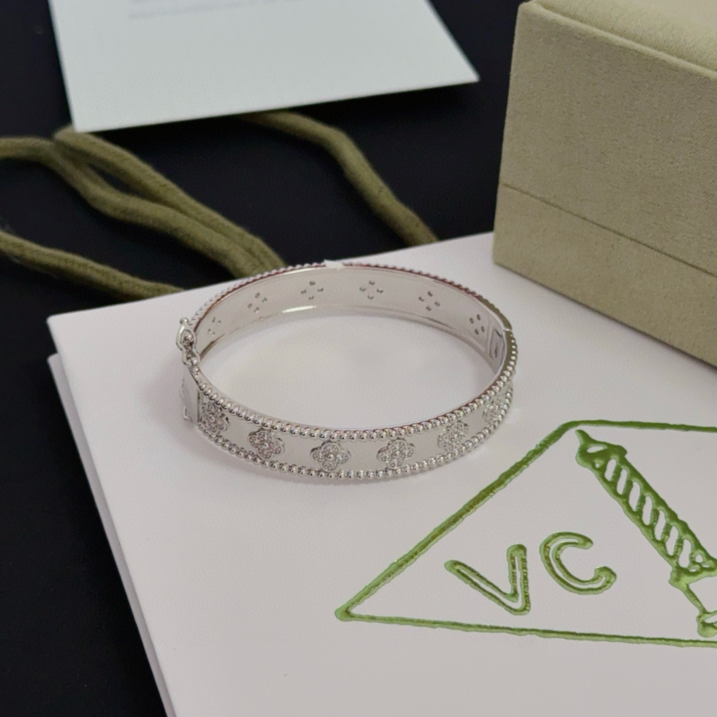 Van Cleef Arpels Perlee Sweet Clovers bracelet 18k white gold with diamond accents 17cm inner circumference