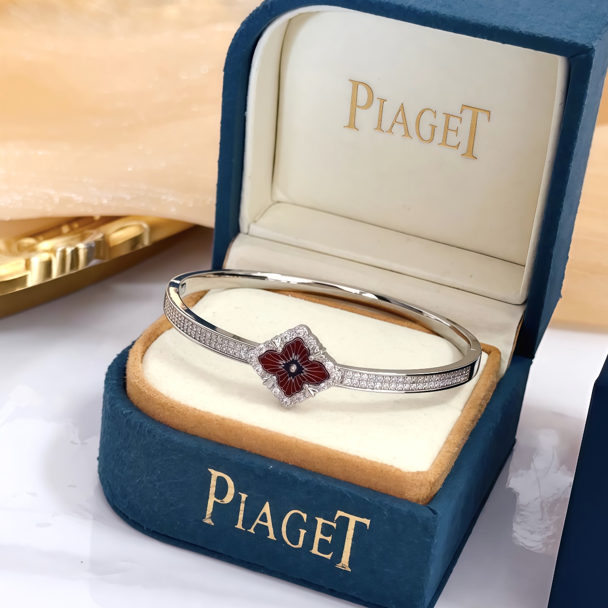 Piaget Rose bracelet silver-toned white gold with clear diamonds and red enamel 17cm