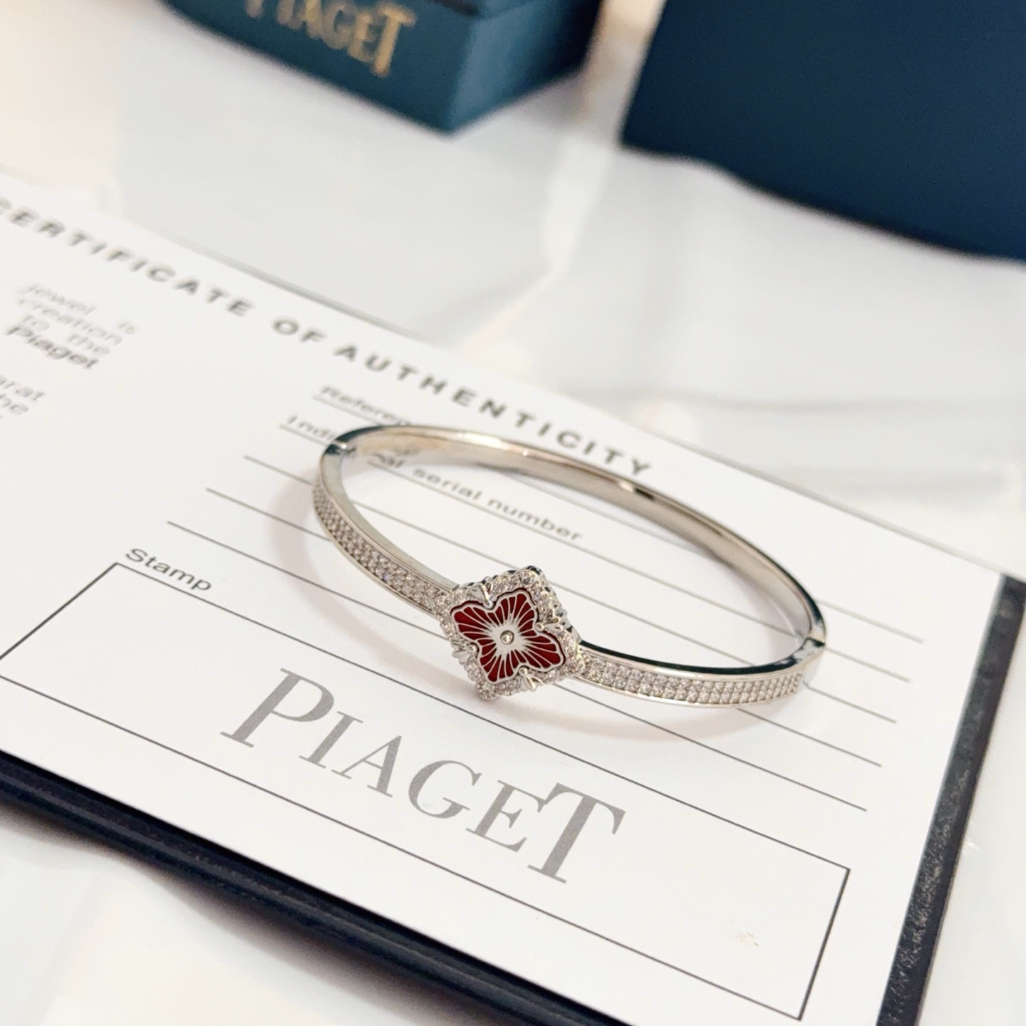Piaget Rose bracelet silver-toned white gold with clear diamonds and red enamel 17cm