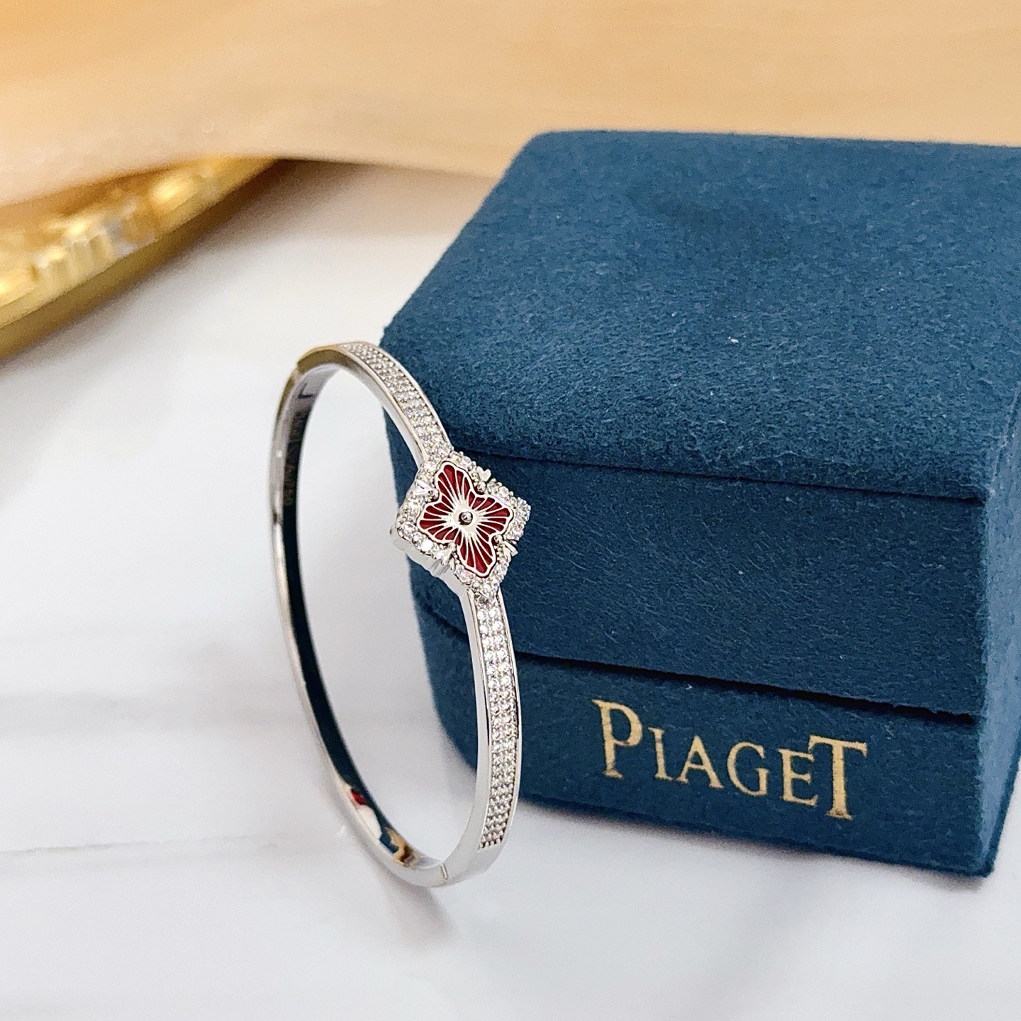 Piaget Rose bracelet silver-toned white gold with clear diamonds and red enamel 17cm
