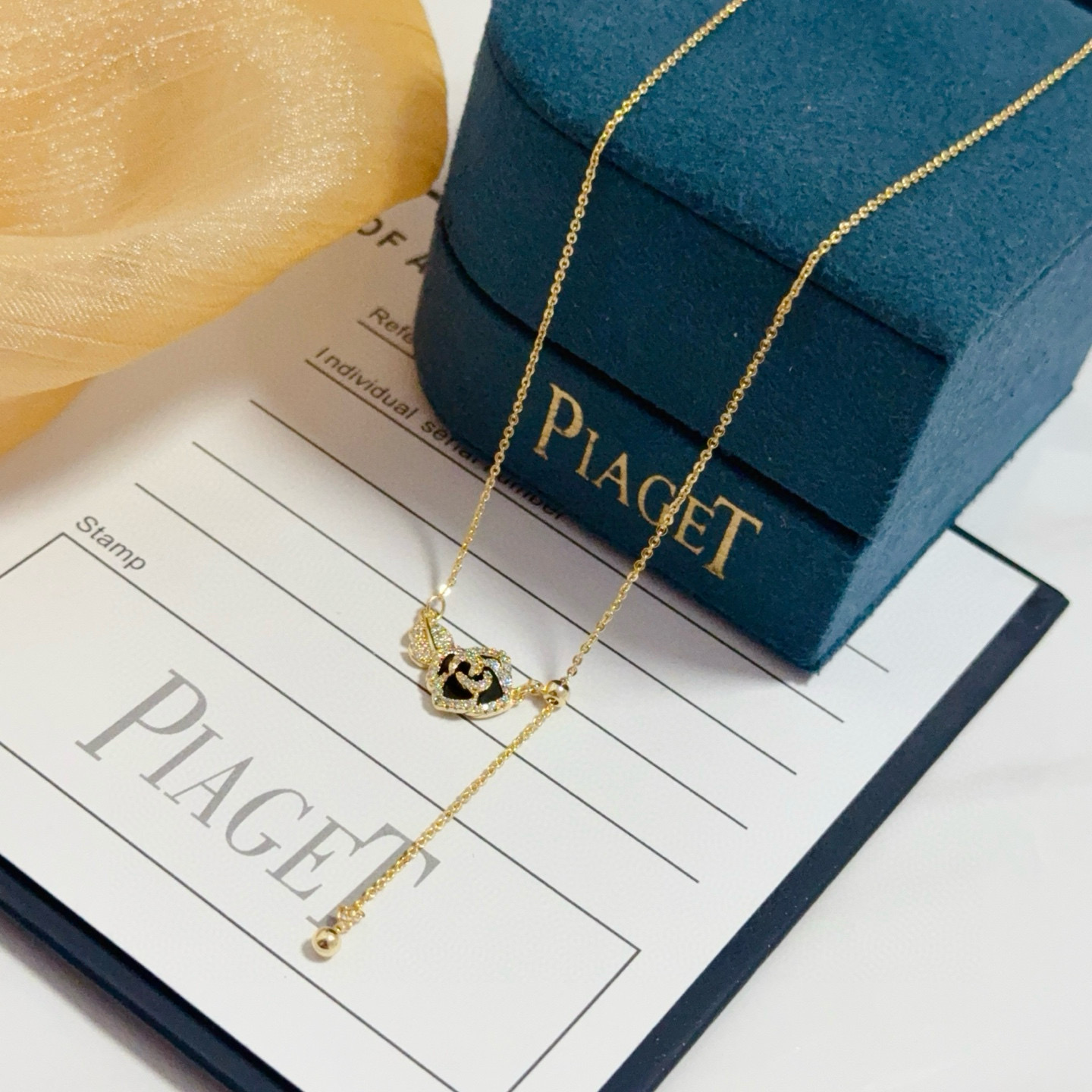 Piaget Rose necklace yellow gold black onyx clear diamond simulants 42cm with 5cm extender
