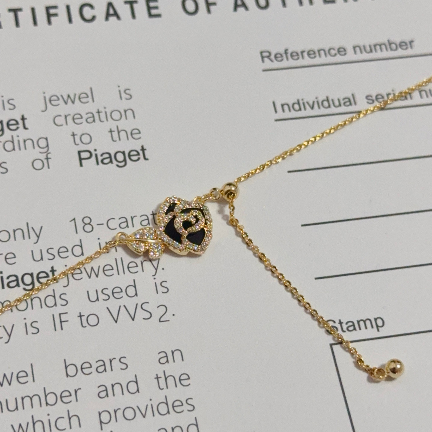 Piaget Rose necklace yellow gold black onyx clear diamond simulants 42cm with 5cm extender