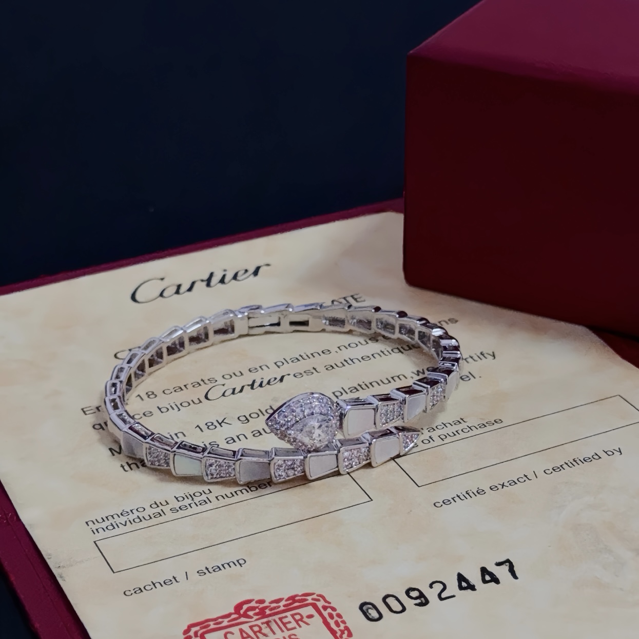 Bulgari Serpenti Viper bracelet 18k white gold white mother-of-pearl clear diamond 17cm