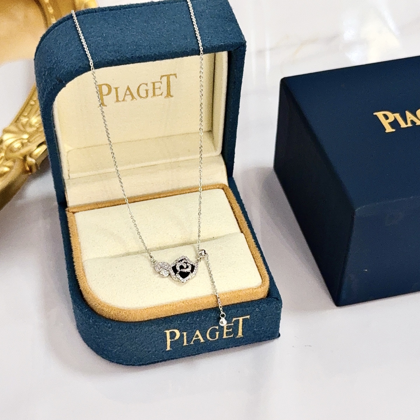 Piaget Rose necklace silver-toned white gold with clear diamond accents and black enamel 42cm adjustable
