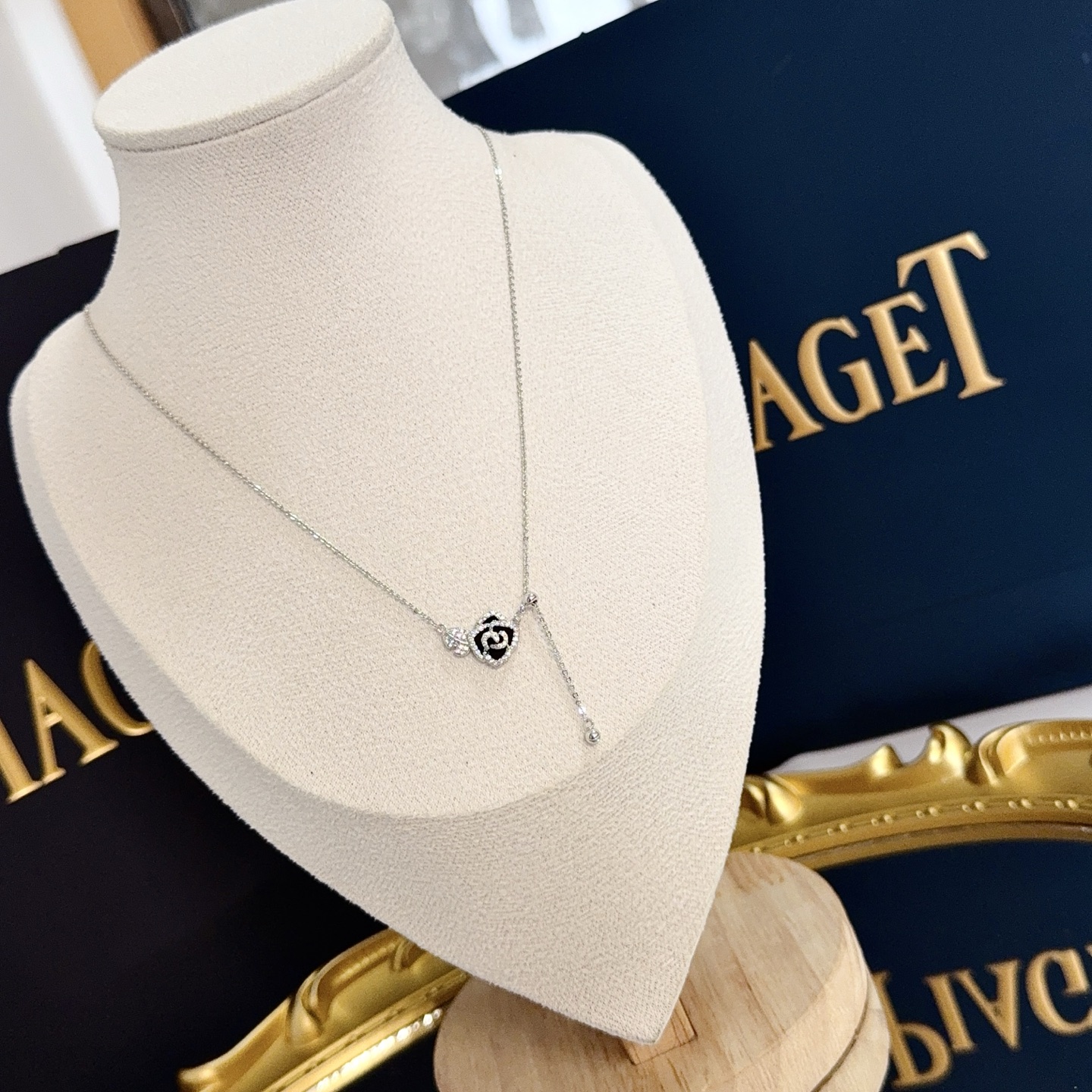 Piaget Rose necklace silver-toned white gold with clear diamond accents and black enamel 42cm adjustable