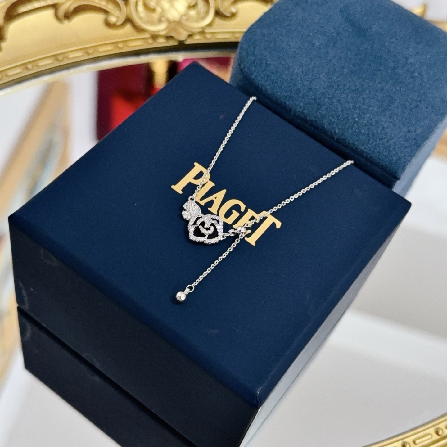 Piaget Rose necklace silver-toned white gold with clear diamond accents and black enamel 42cm adjustable