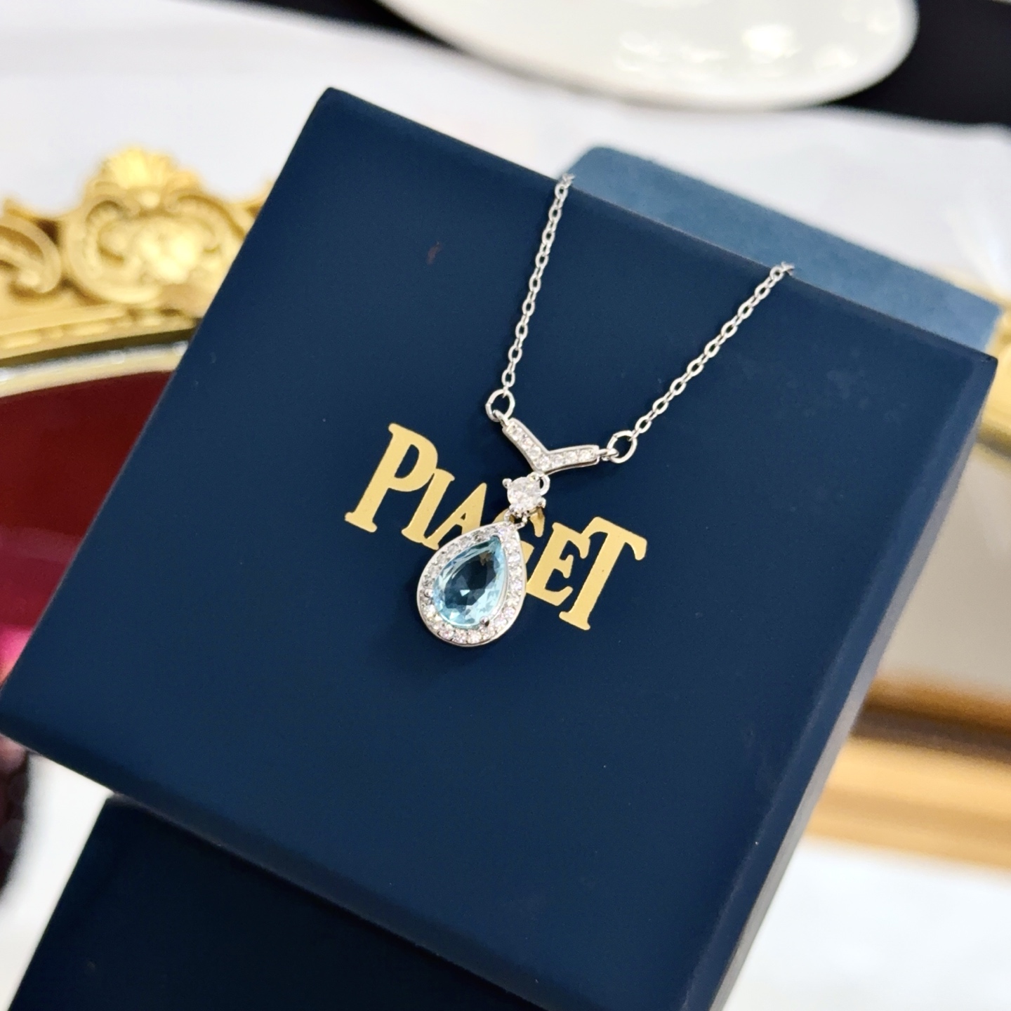 Piaget Treasures Teardrop Pendant necklace Silver-toned white gold metal sky blue teardrop gemstone clear diamond accents 42cm with 3cm extender