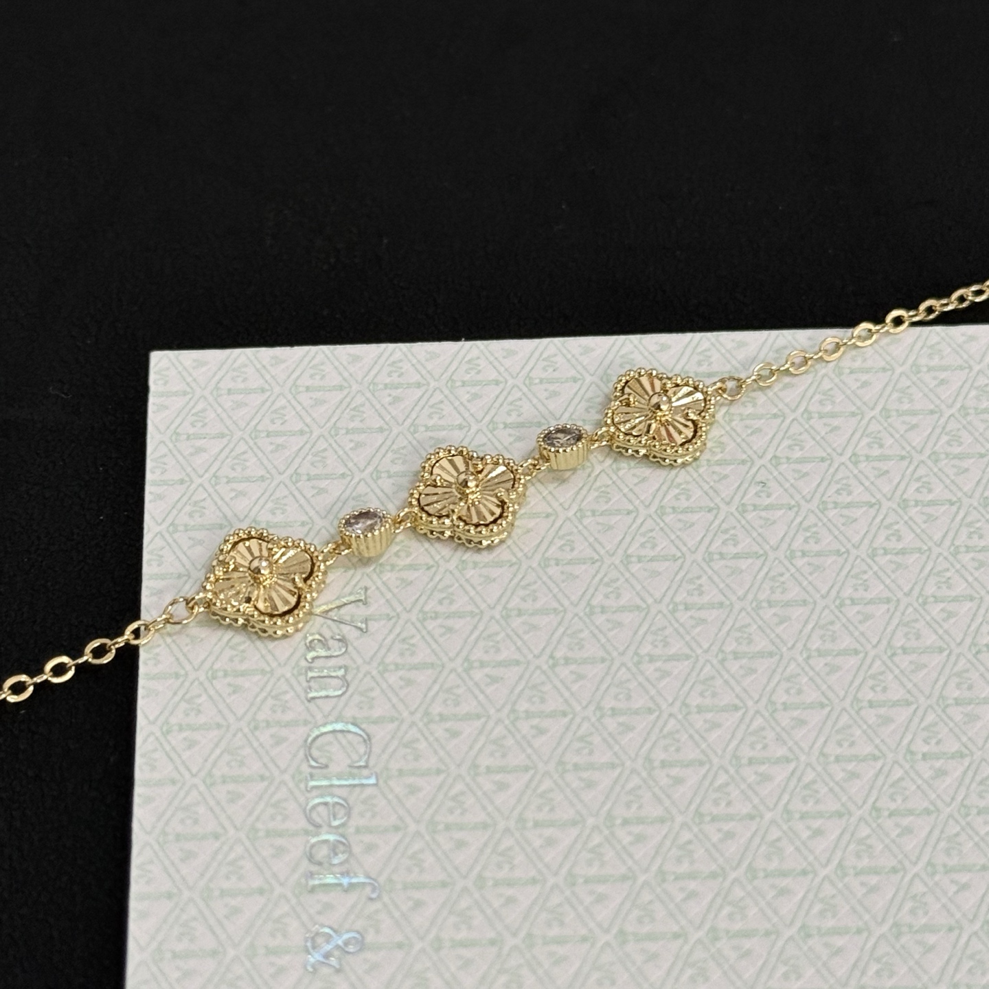 Van Cleef Arpels Alhambra bracelet yellow gold with clear accent stones 18cm with 3cm extender