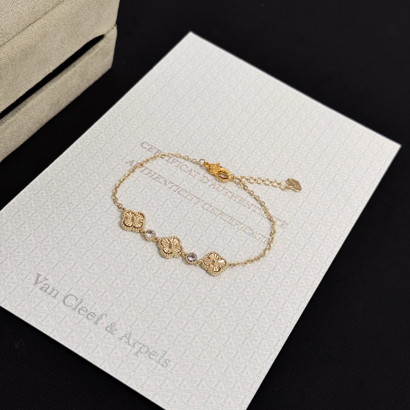 Van Cleef Arpels Alhambra bracelet yellow gold with clear accent stones 18cm with 3cm extender