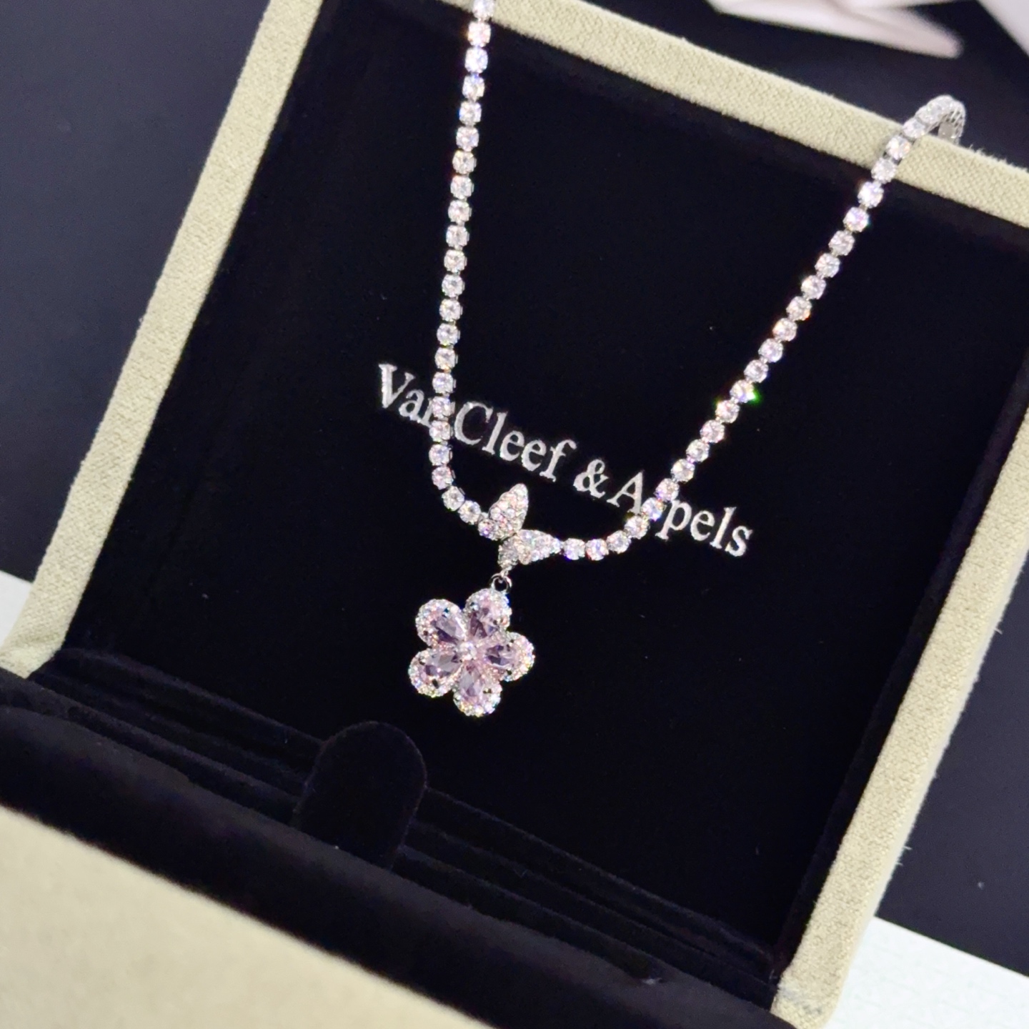 Van Cleef Arpels Frivole necklace silver-toned white gold metal with clear diamonds and pink sapphire flower pendant 42cm with 5cm extender
