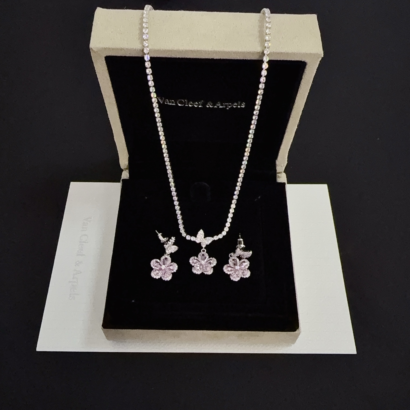 Van Cleef Arpels Frivole necklace silver-toned white gold metal with clear diamonds and pink sapphire flower pendant 42cm with 5cm extender