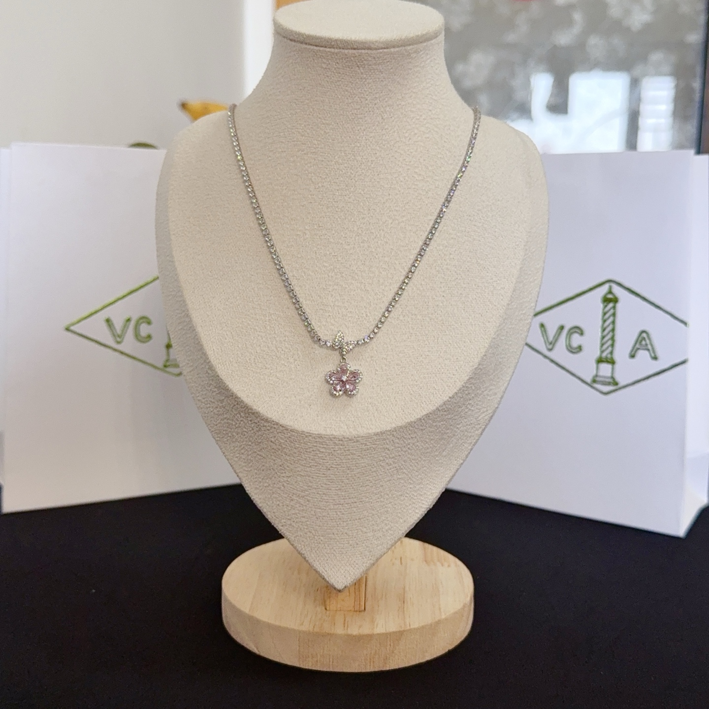 Van Cleef Arpels Frivole necklace silver-toned white gold metal with clear diamonds and pink sapphire flower pendant 42cm with 5cm extender