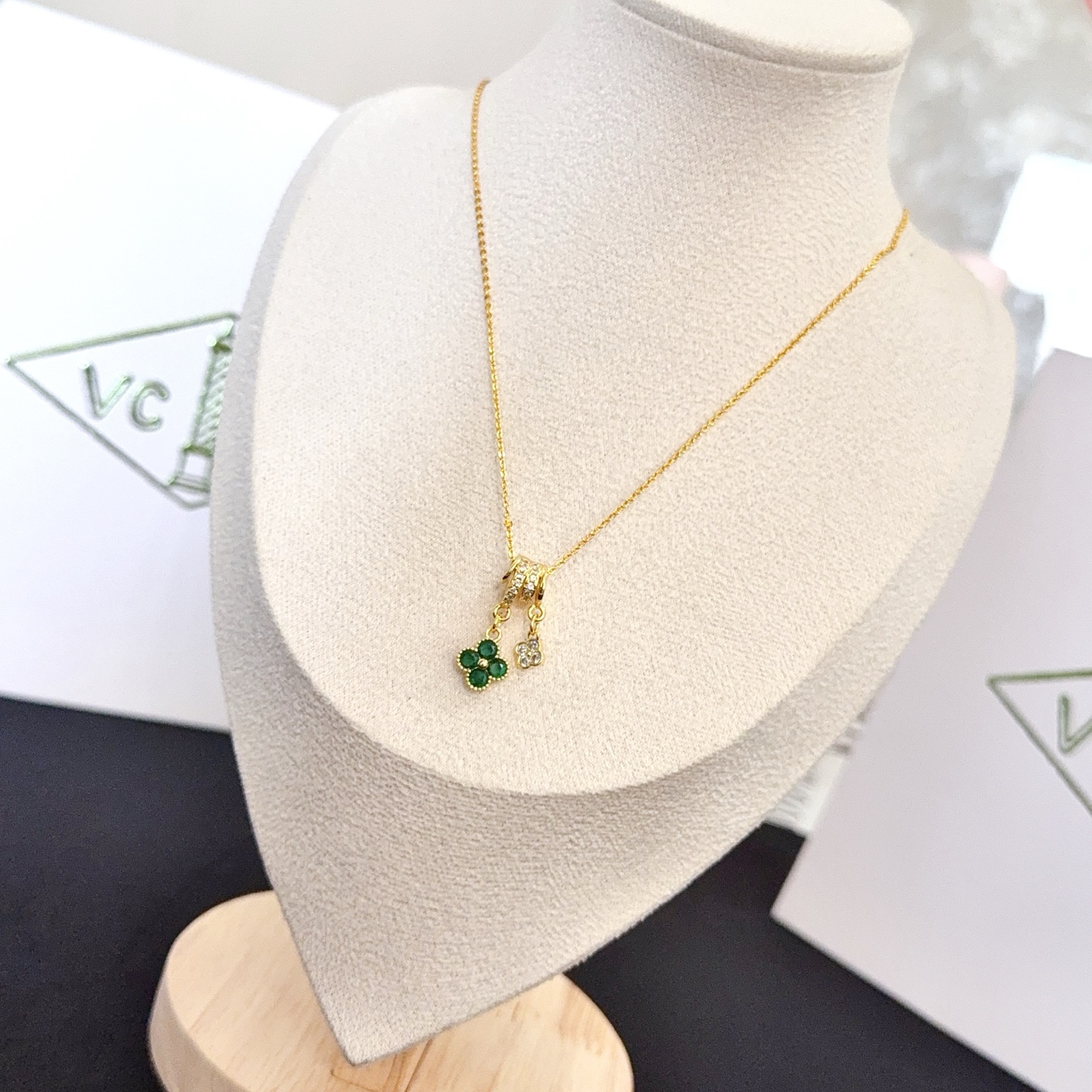Van Cleef Arpels Alhambra Lucky Clover Pendant Necklace necklace Yellow gold metal with green gemstone clover and clear diamond accents 42cm