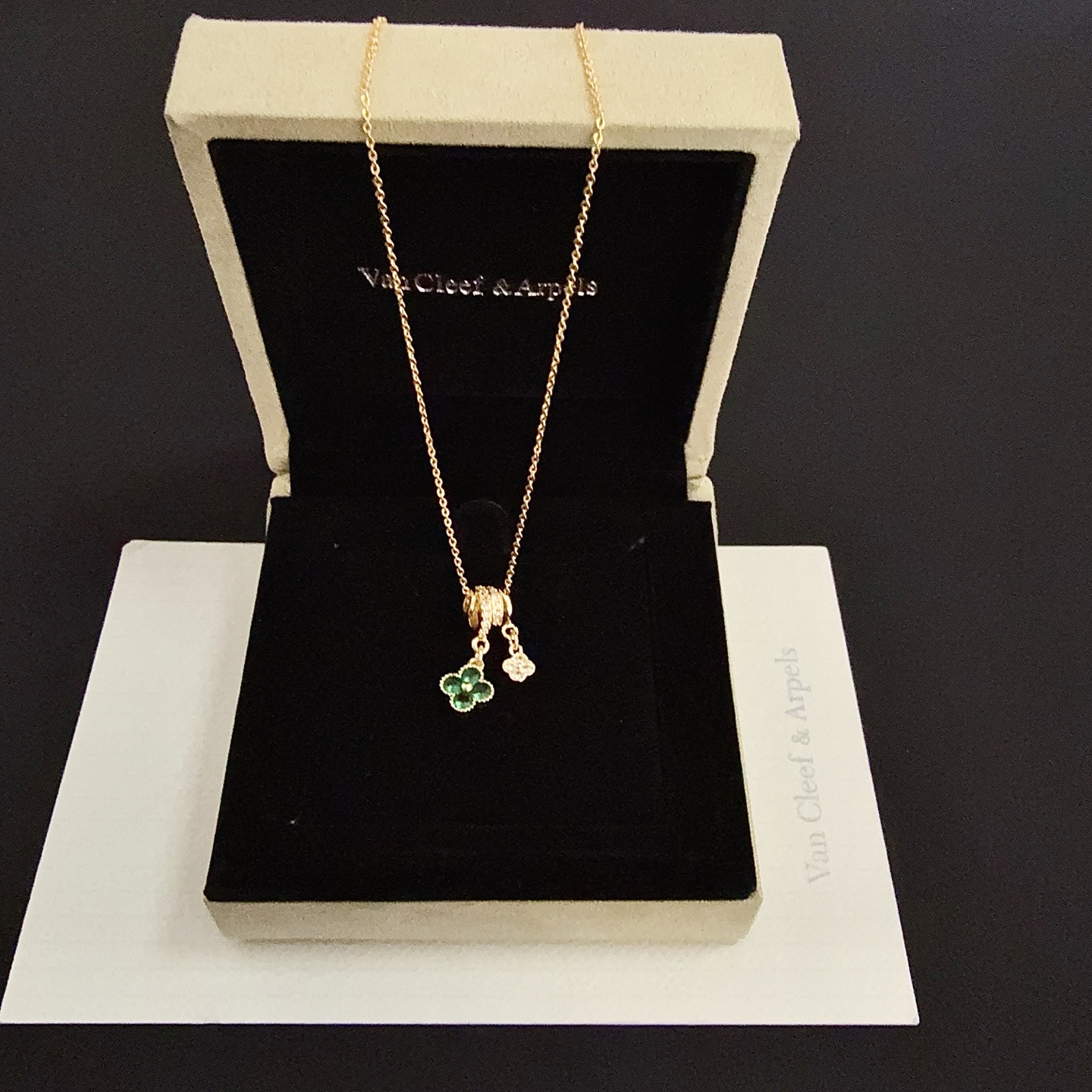Van Cleef Arpels Alhambra Lucky Clover Pendant Necklace necklace Yellow gold metal with green gemstone clover and clear diamond accents 42cm
