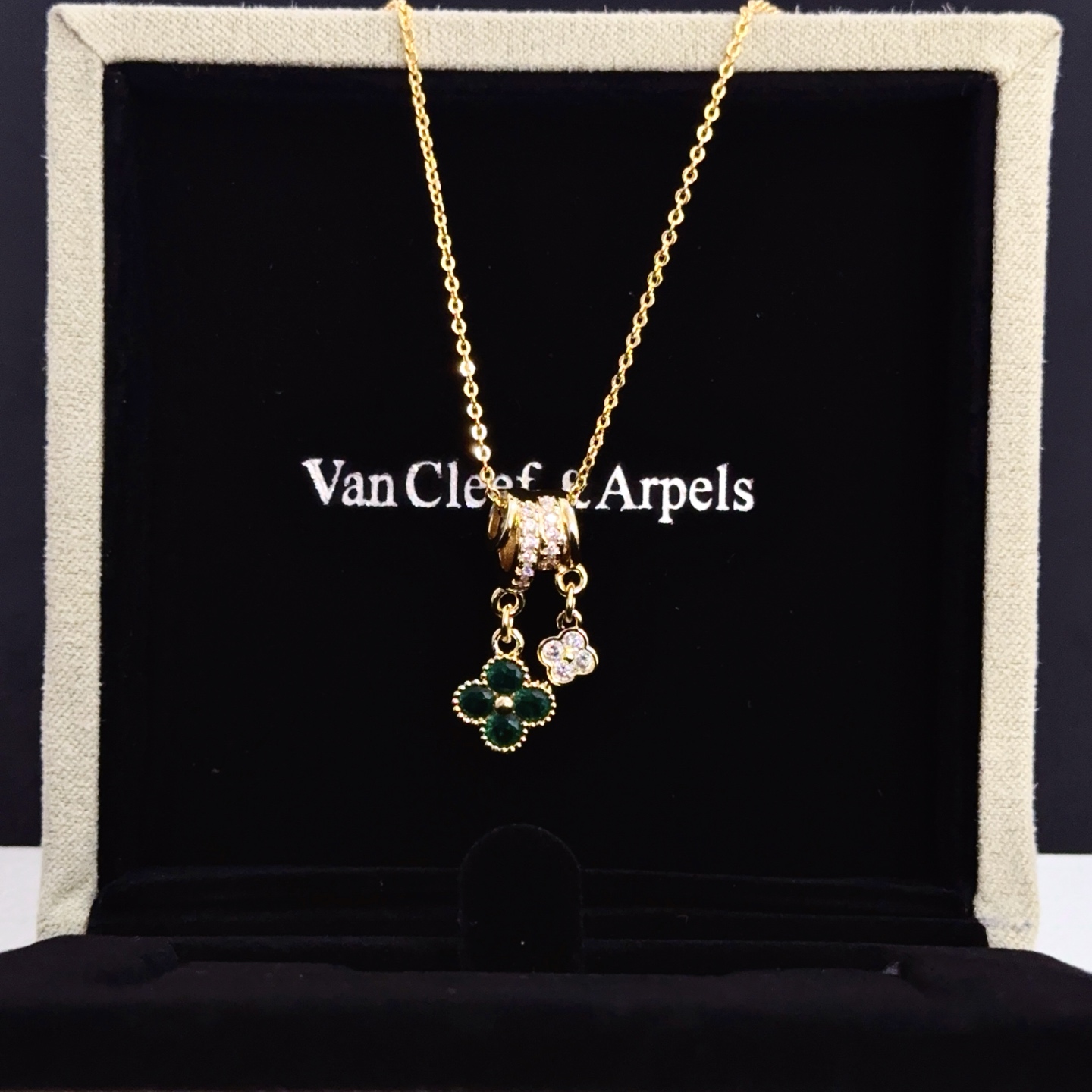 Van Cleef Arpels Alhambra Lucky Clover Pendant Necklace necklace Yellow gold metal with green gemstone clover and clear diamond accents 42cm