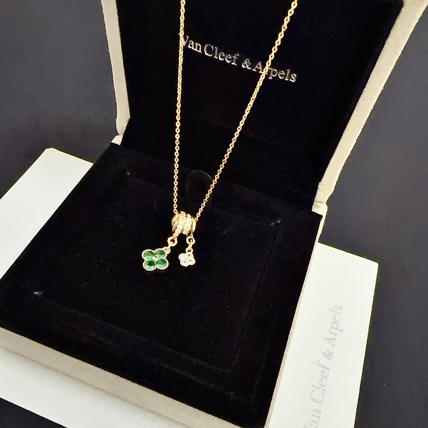 Van Cleef Arpels Alhambra Lucky Clover Pendant Necklace necklace Yellow gold metal with green gemstone clover and clear diamond accents 42cm