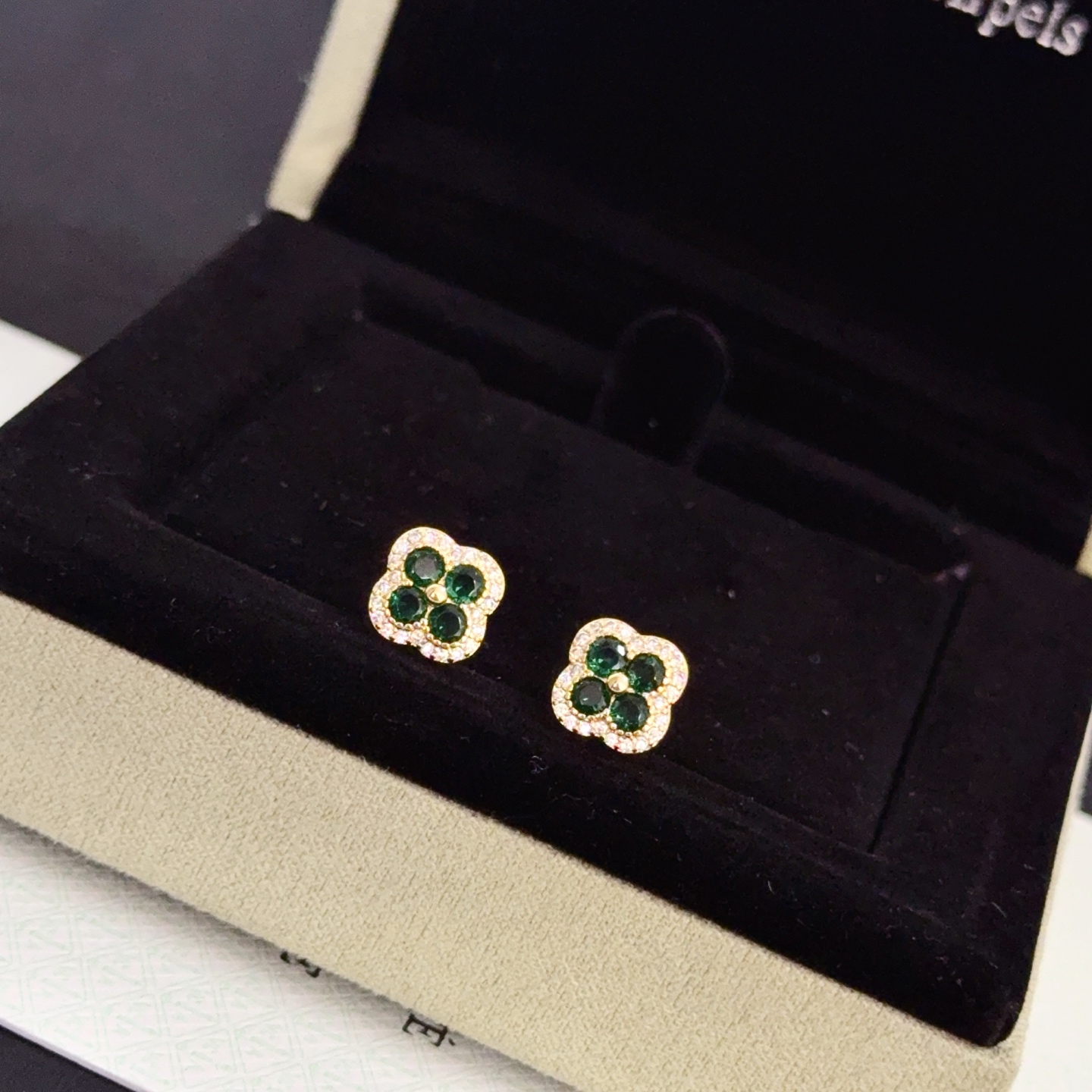 Van Cleef Arpels Alhambra earrings yellow gold metal with emerald green gemstones and white diamond accents 9mm stud diameter