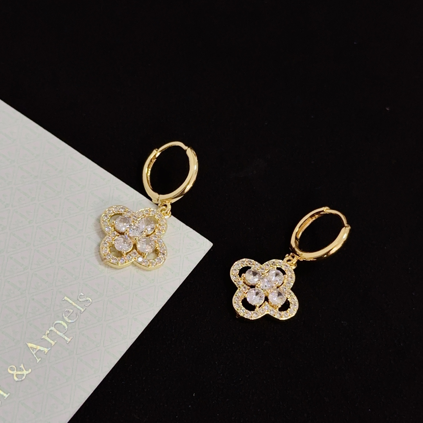 Van Cleef Arpels Alhambra earrings yellow gold metal clear diamond stones 12mm hoop diameter 10mm charm length