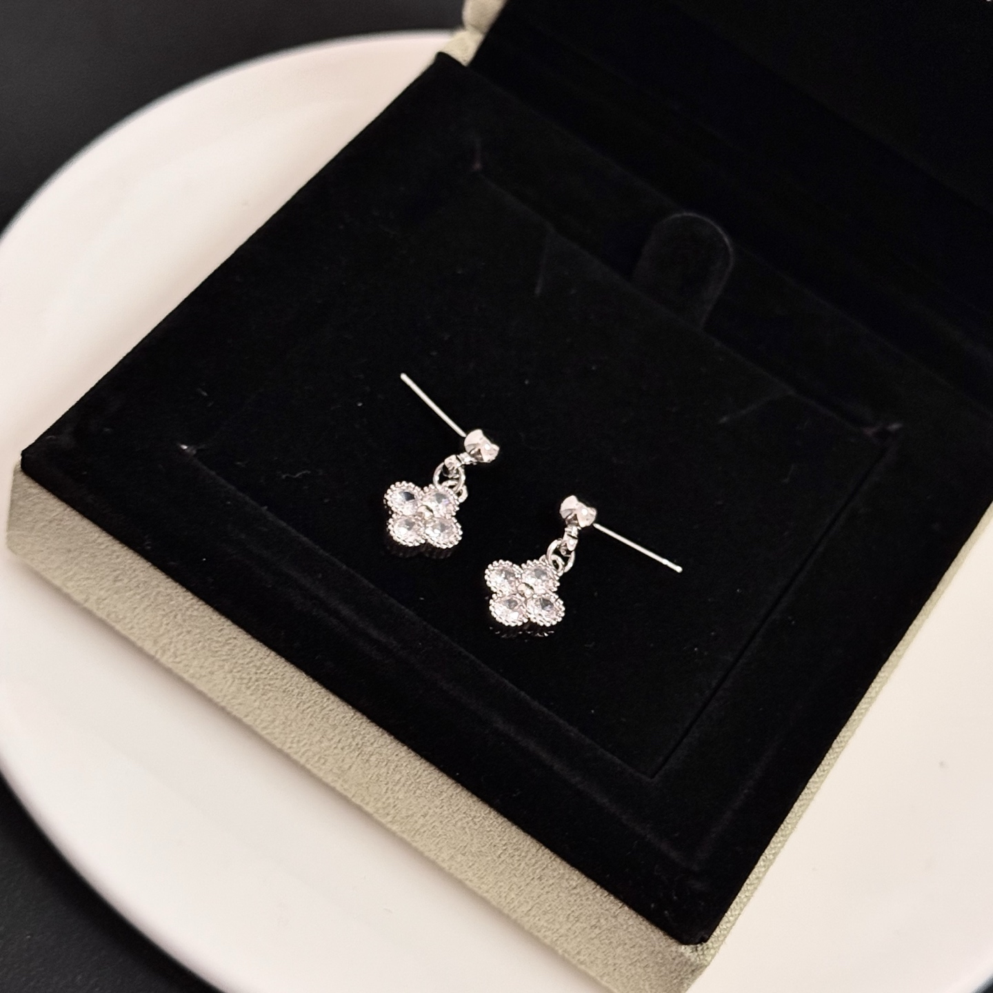 Van Cleef Arpels Alhambra earrings silver-toned white gold metal with clear diamond accents 10mm pendant drop