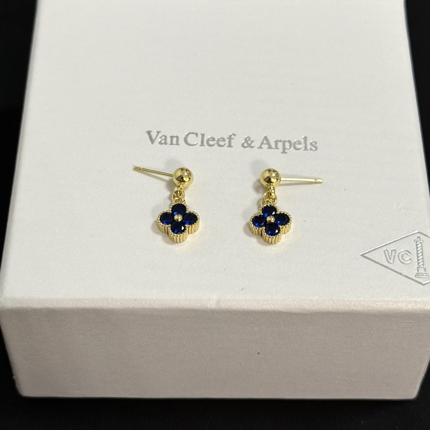 Van Cleef Arpels Alhambra earrings yellow gold metal with deep blue gemstones 1 5cm drop length