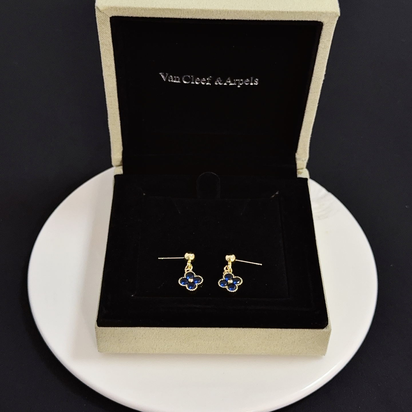 Van Cleef Arpels Alhambra earrings yellow gold metal with deep blue gemstones 1 5cm drop length
