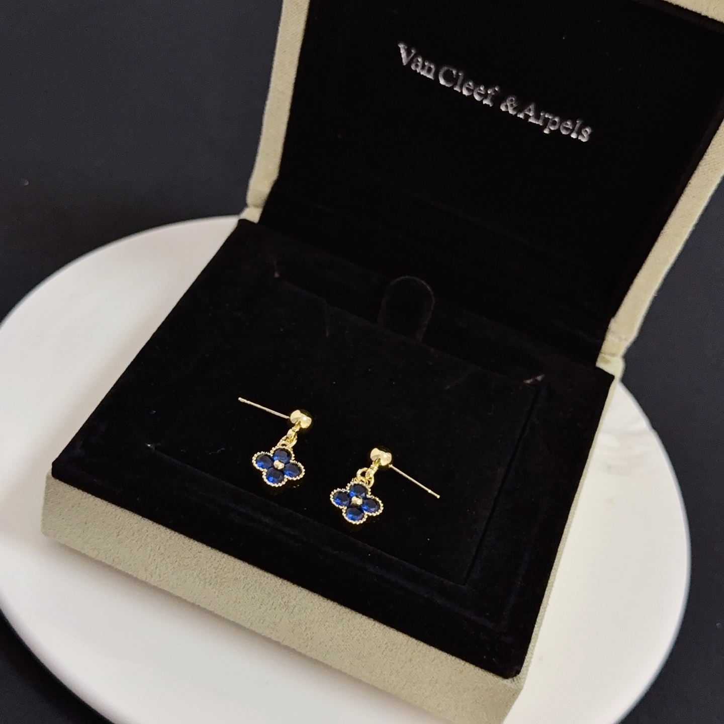 Van Cleef Arpels Alhambra earrings yellow gold metal with deep blue gemstones 1 5cm drop length