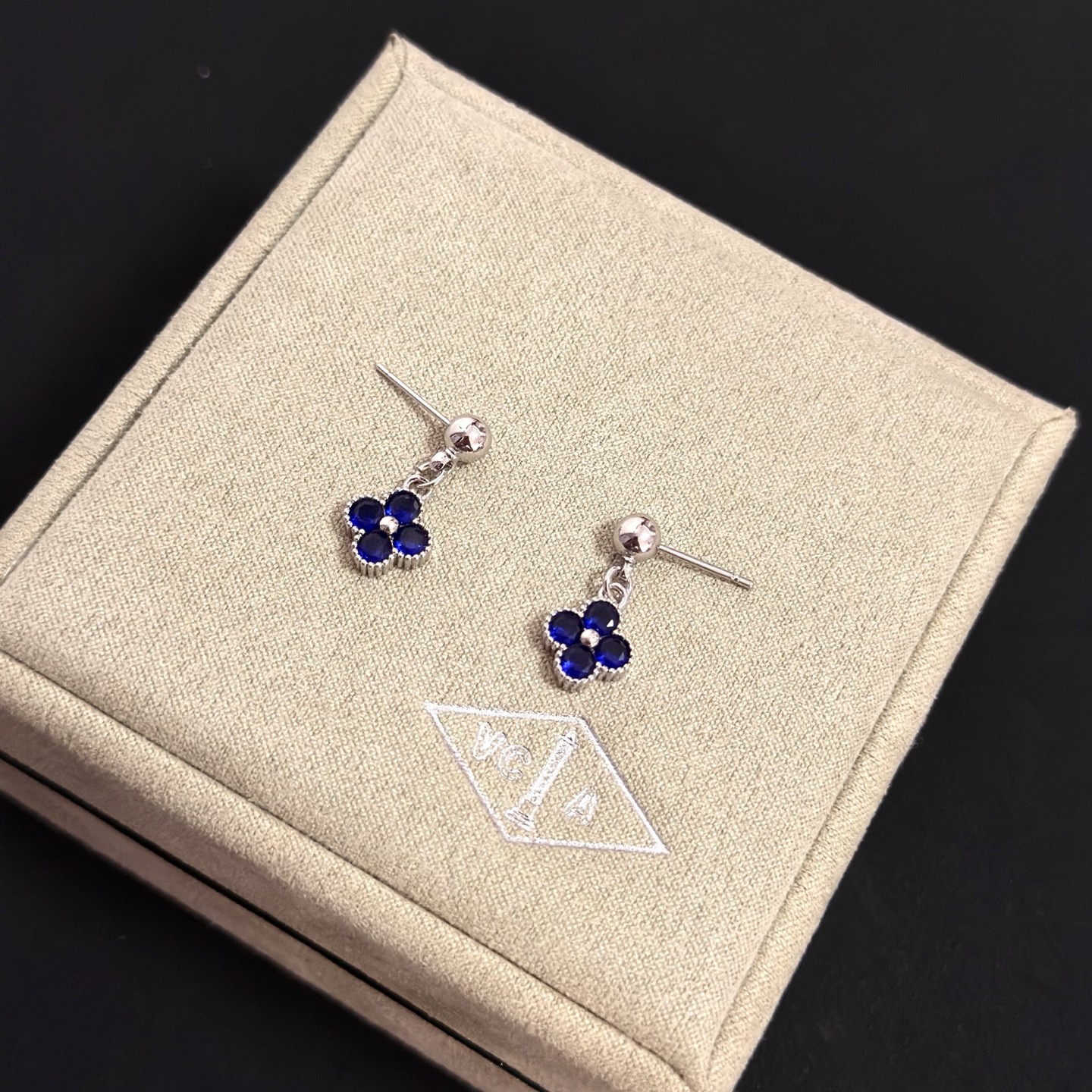 Van Cleef Arpels Alhambra earrings silver-toned white gold metal with deep blue gemstones 1 5cm drop length