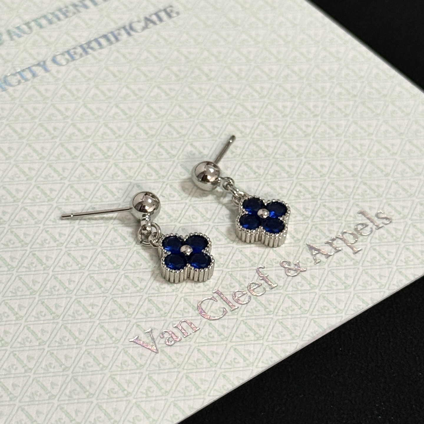 Van Cleef Arpels Alhambra earrings silver-toned white gold metal with deep blue gemstones 1 5cm drop length