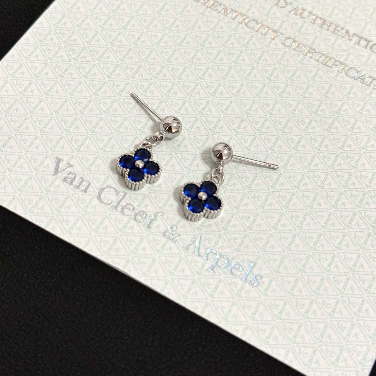 Van Cleef Arpels Alhambra earrings silver-toned white gold metal with deep blue gemstones 1 5cm drop length