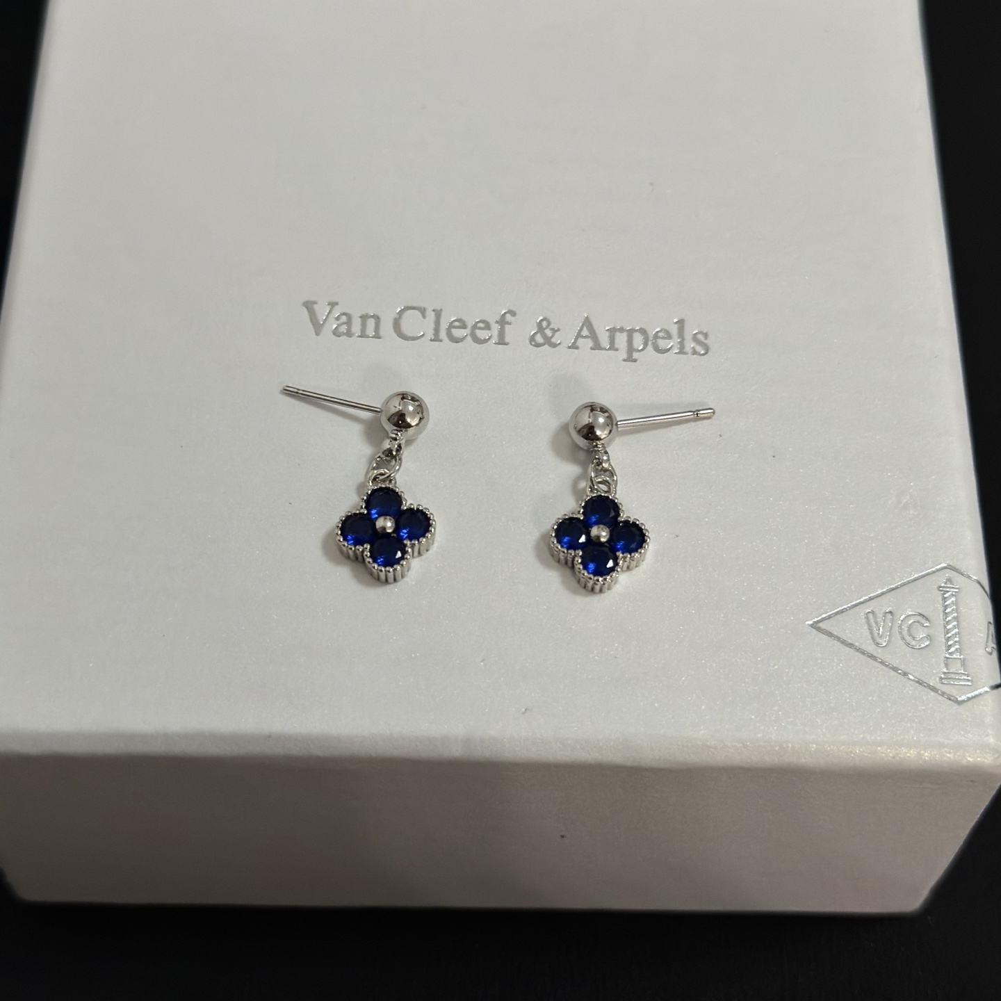 Van Cleef Arpels Alhambra earrings silver-toned white gold metal with deep blue gemstones 1 5cm drop length