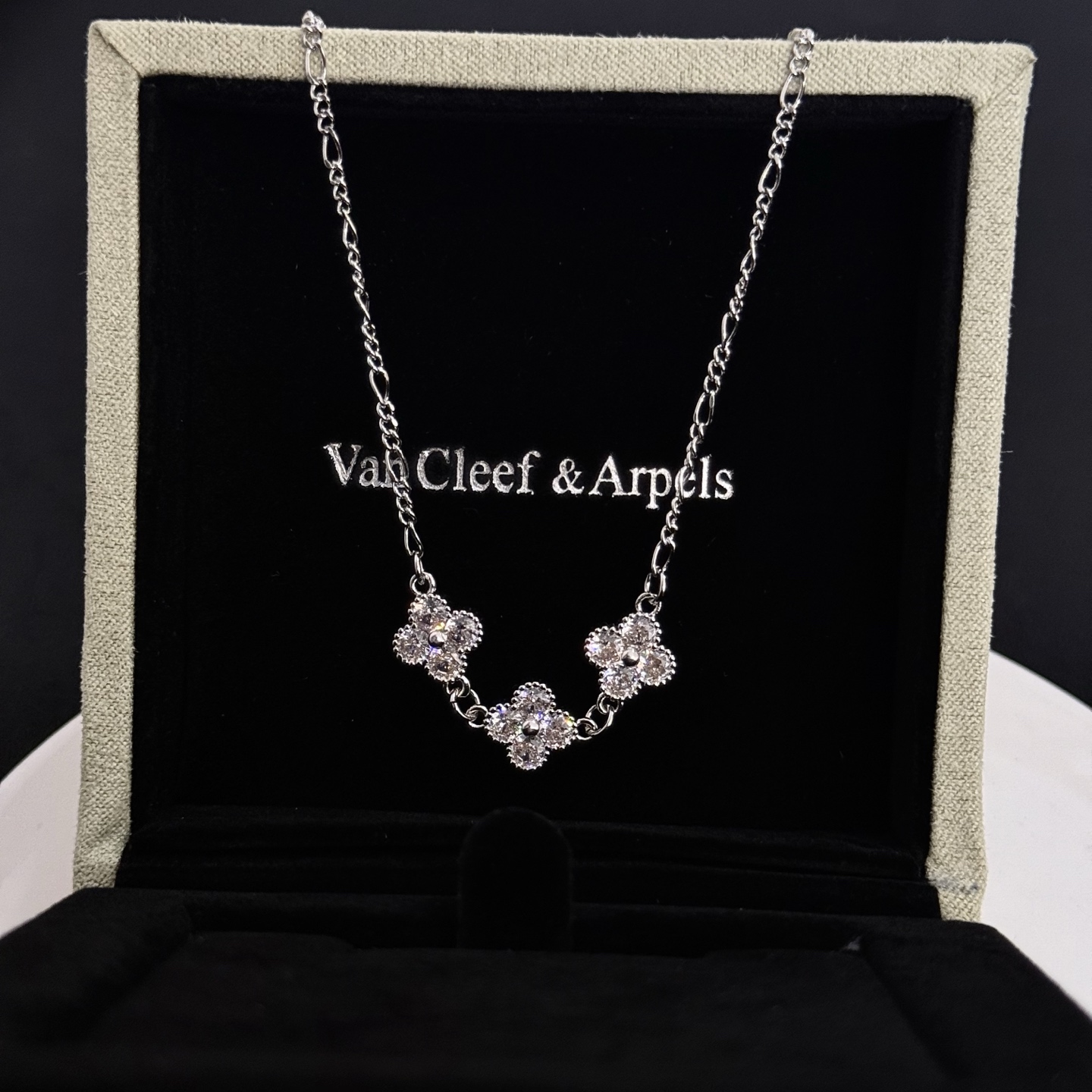 Van Cleef Arpels Alhambra necklace silver white gold with clear diamond accents 42cm