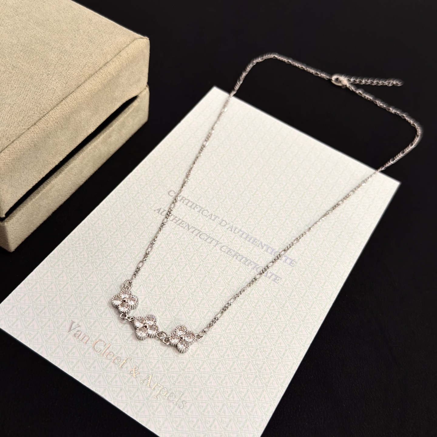 Van Cleef Arpels Alhambra necklace silver white gold with clear diamond accents 42cm
