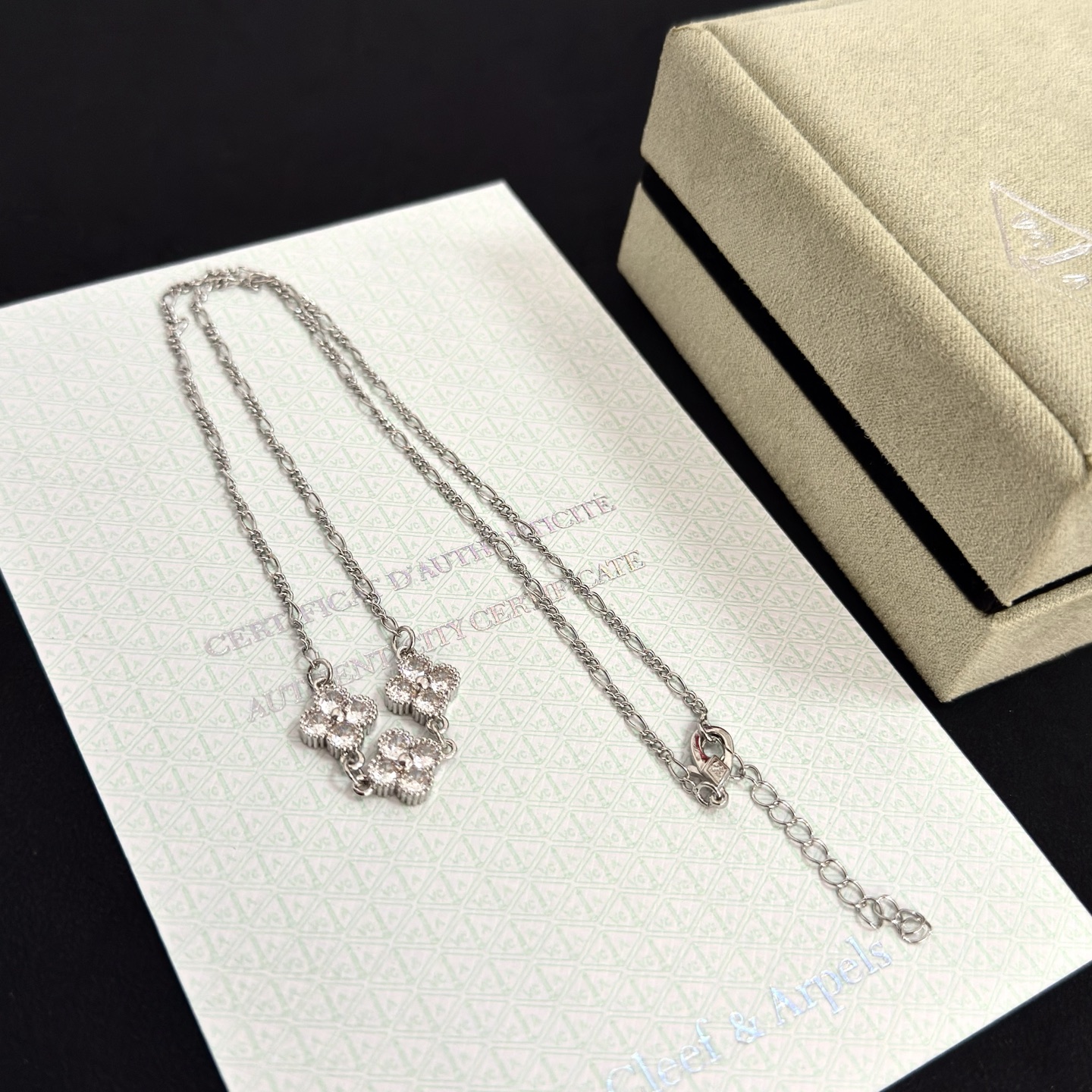 Van Cleef Arpels Alhambra necklace silver white gold with clear diamond accents 42cm