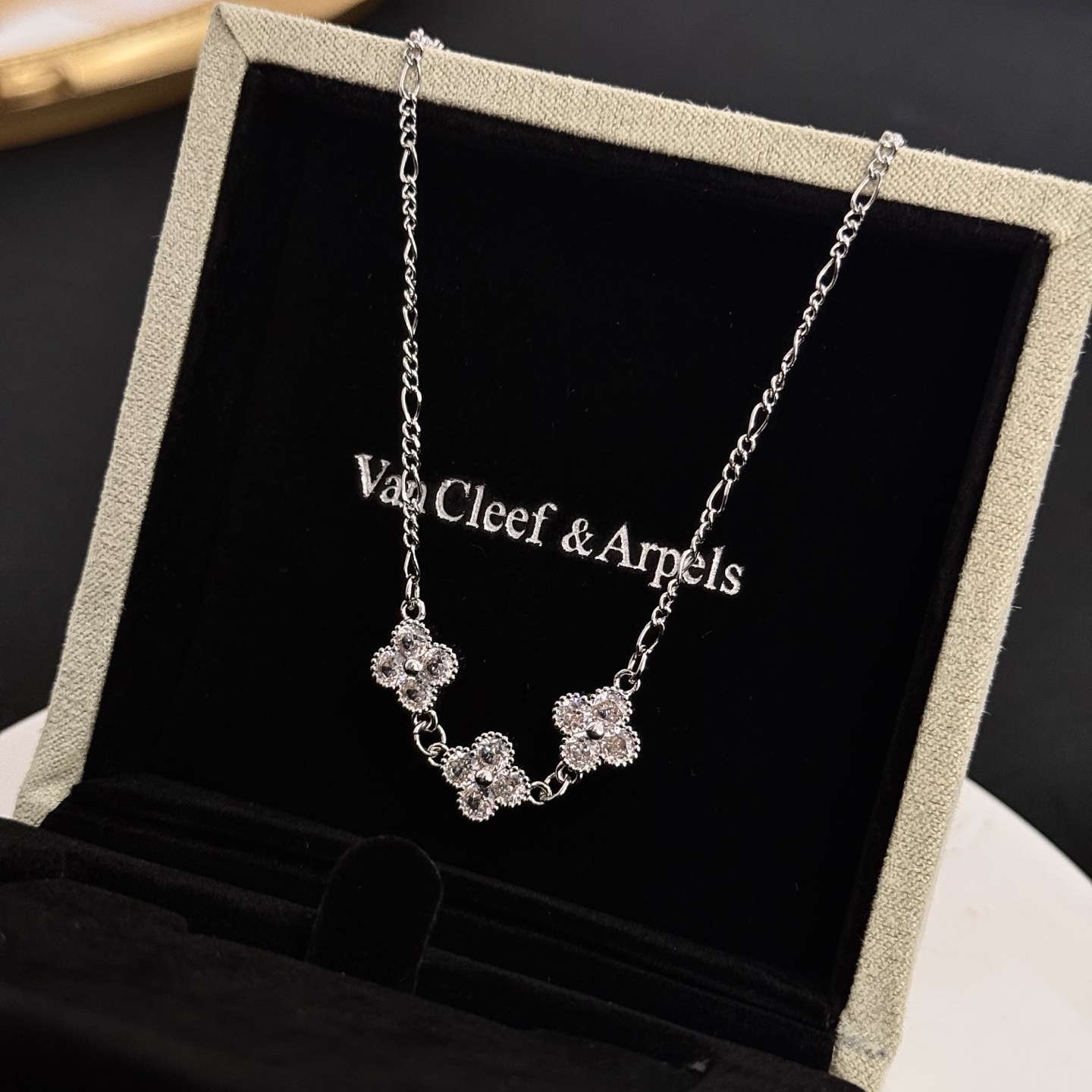 Van Cleef Arpels Alhambra necklace silver white gold with clear diamond accents 42cm