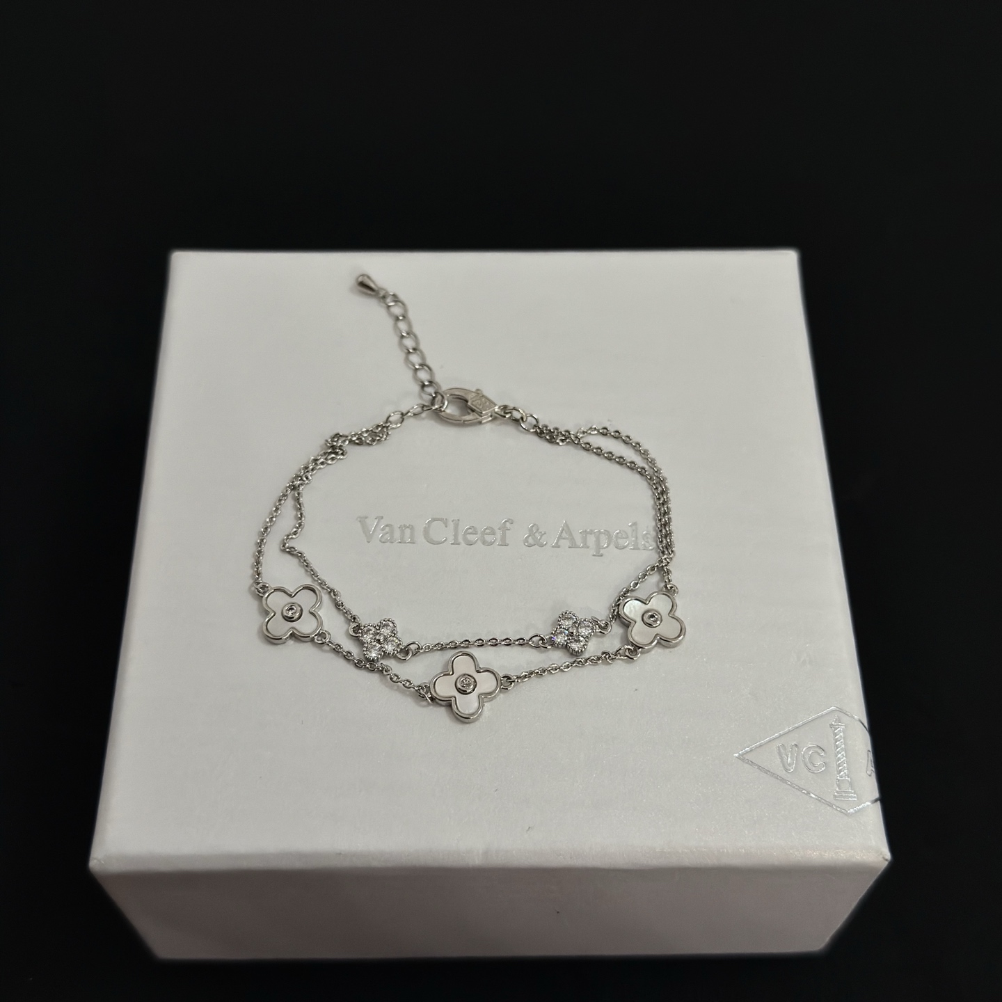 Van Cleef Arpels Alhambra bracelet silver-toned metal white mother-of-pearl clear diamond accents 17cm with 3cm extender