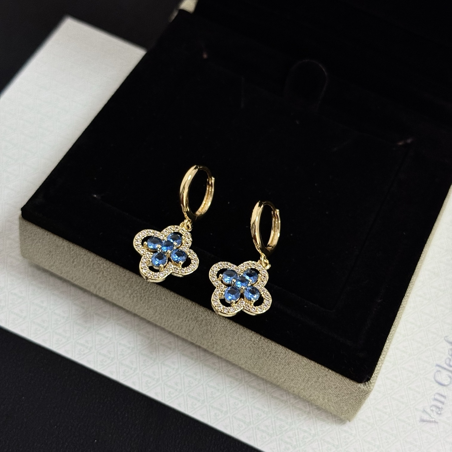 Van Cleef Arpels Alhambra earrings yellow gold metal blue gemstones white diamond accents 12mm hoop diameter 10mm pendant drop