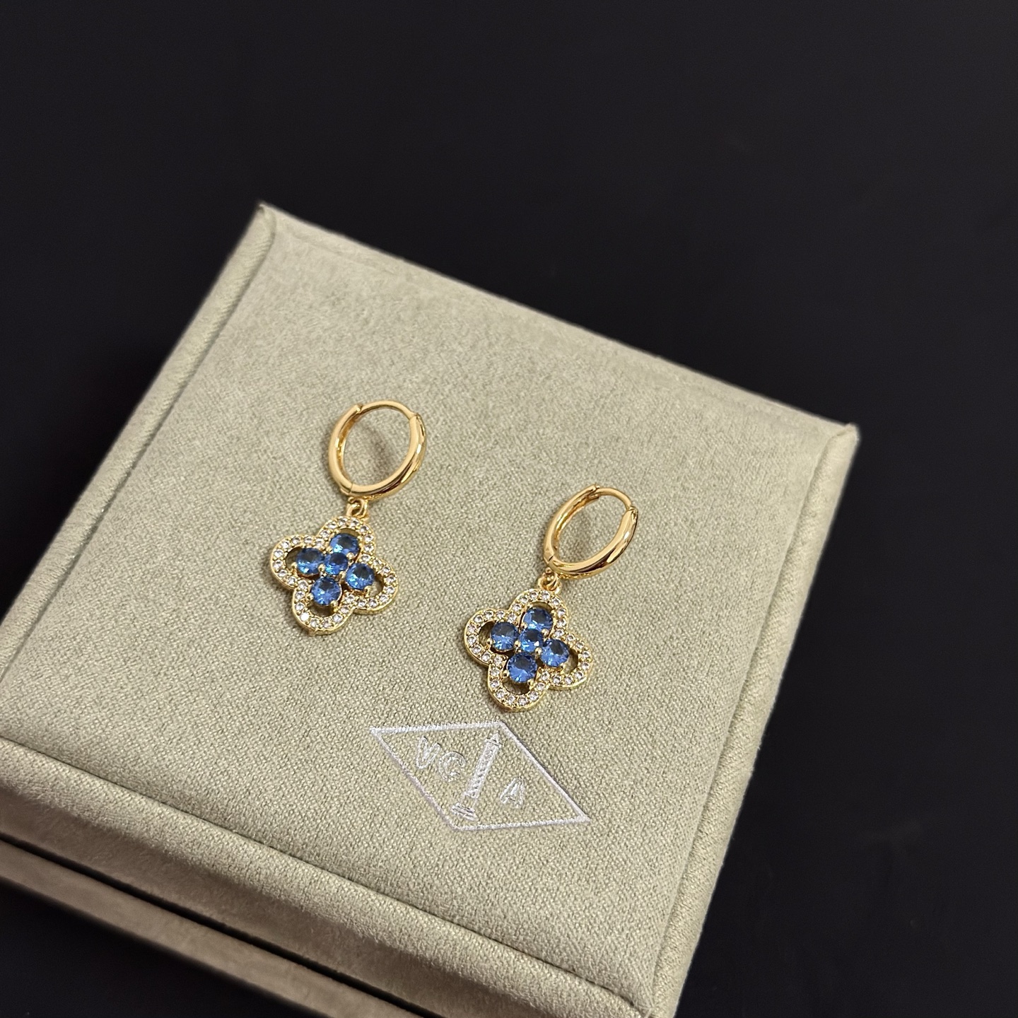 Van Cleef Arpels Alhambra earrings yellow gold metal blue gemstones white diamond accents 12mm hoop diameter 10mm pendant drop