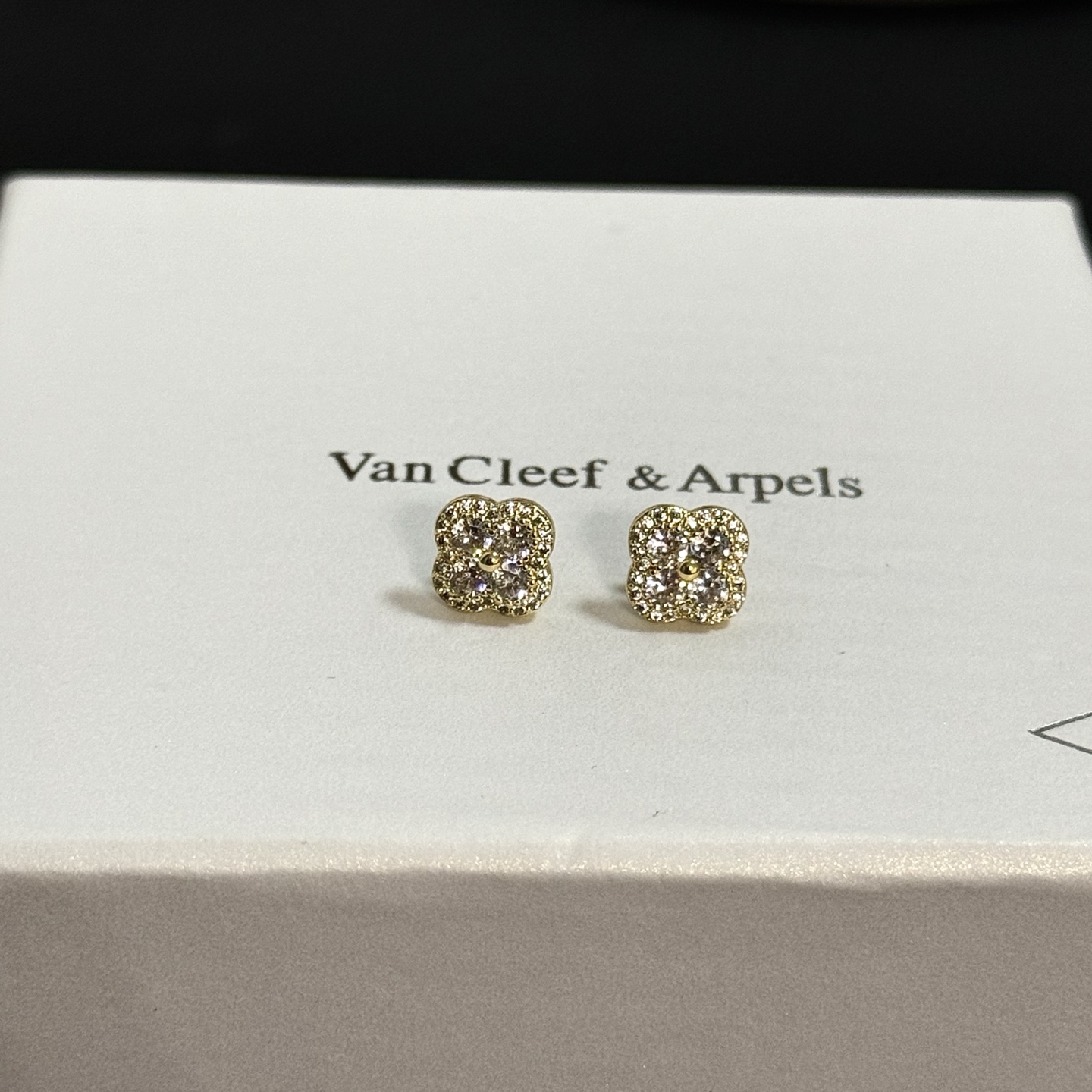 Van Cleef Arpels Alhambra earrings yellow gold with clear pave diamonds 8mm stud diameter